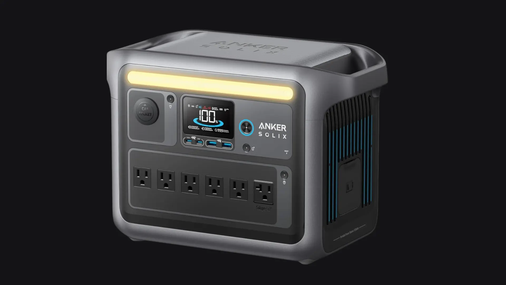 Anker SOLIX portable solar generator with digital display, six AC outlets, USB ports, built-in light, and side ventilation