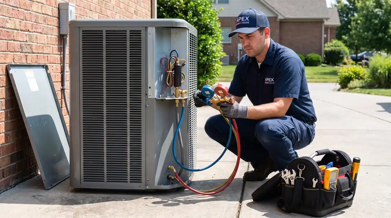 HVAC technician using pressure gauges to inspect and service an outdoor heat pump unit.
