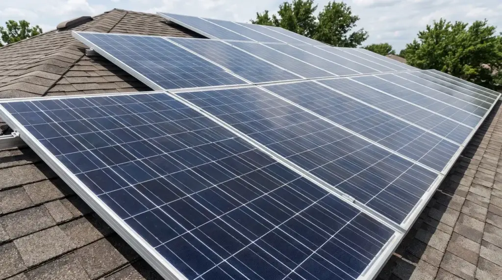 Solar panel mounted on a rooftop with visible aluminum frame and glass surface