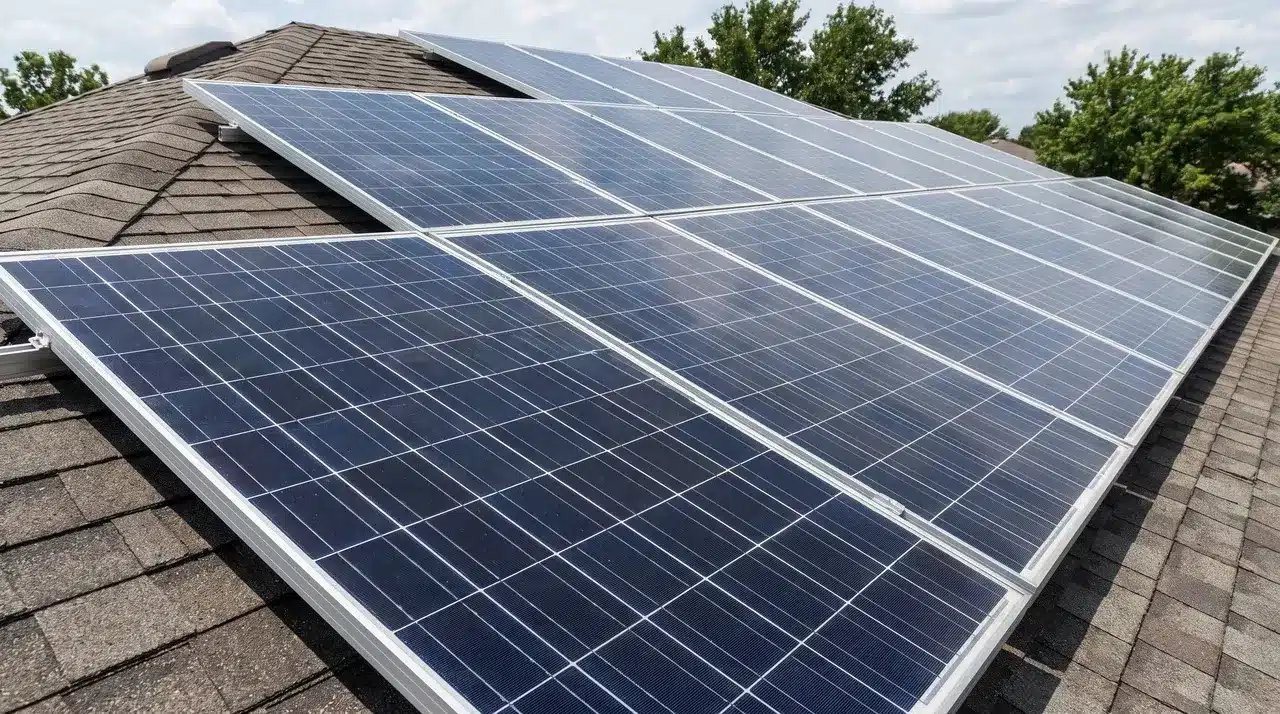 Solar panel mounted on a rooftop with visible aluminum frame and glass surface