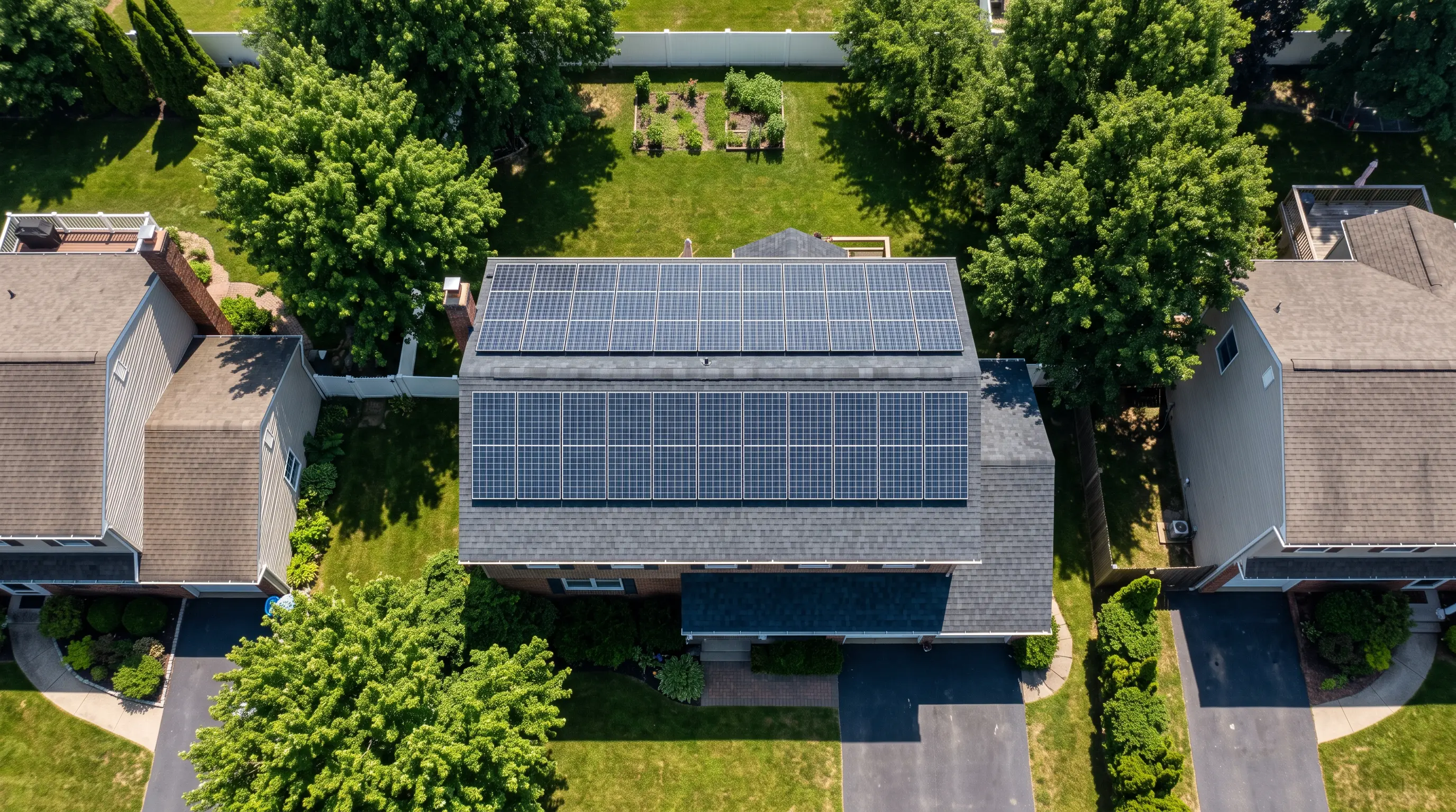 Overhead view of solar panels on an unshaded New York residential roof.