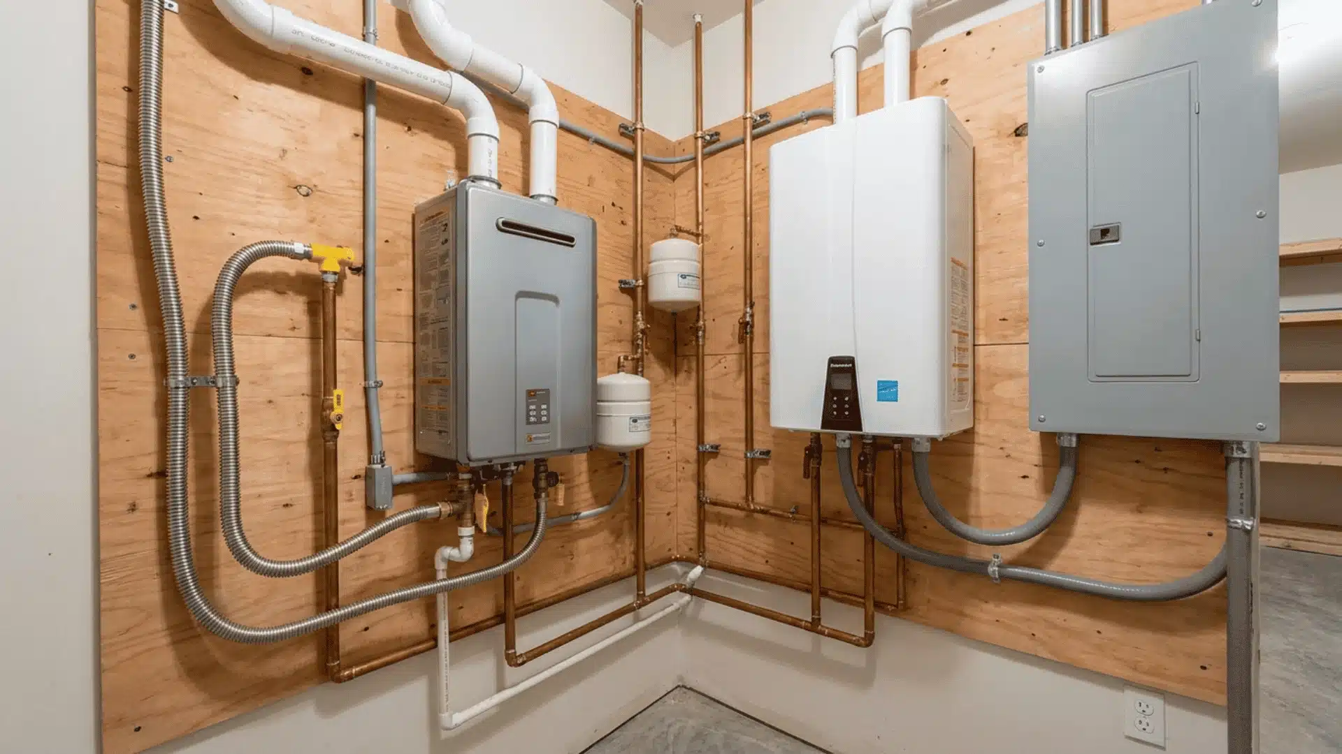 Gas and electric tankless water heaters in a utility room