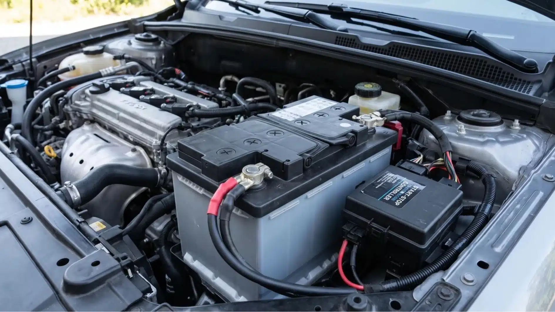 AGM battery installed in a vehicle engine compartment
