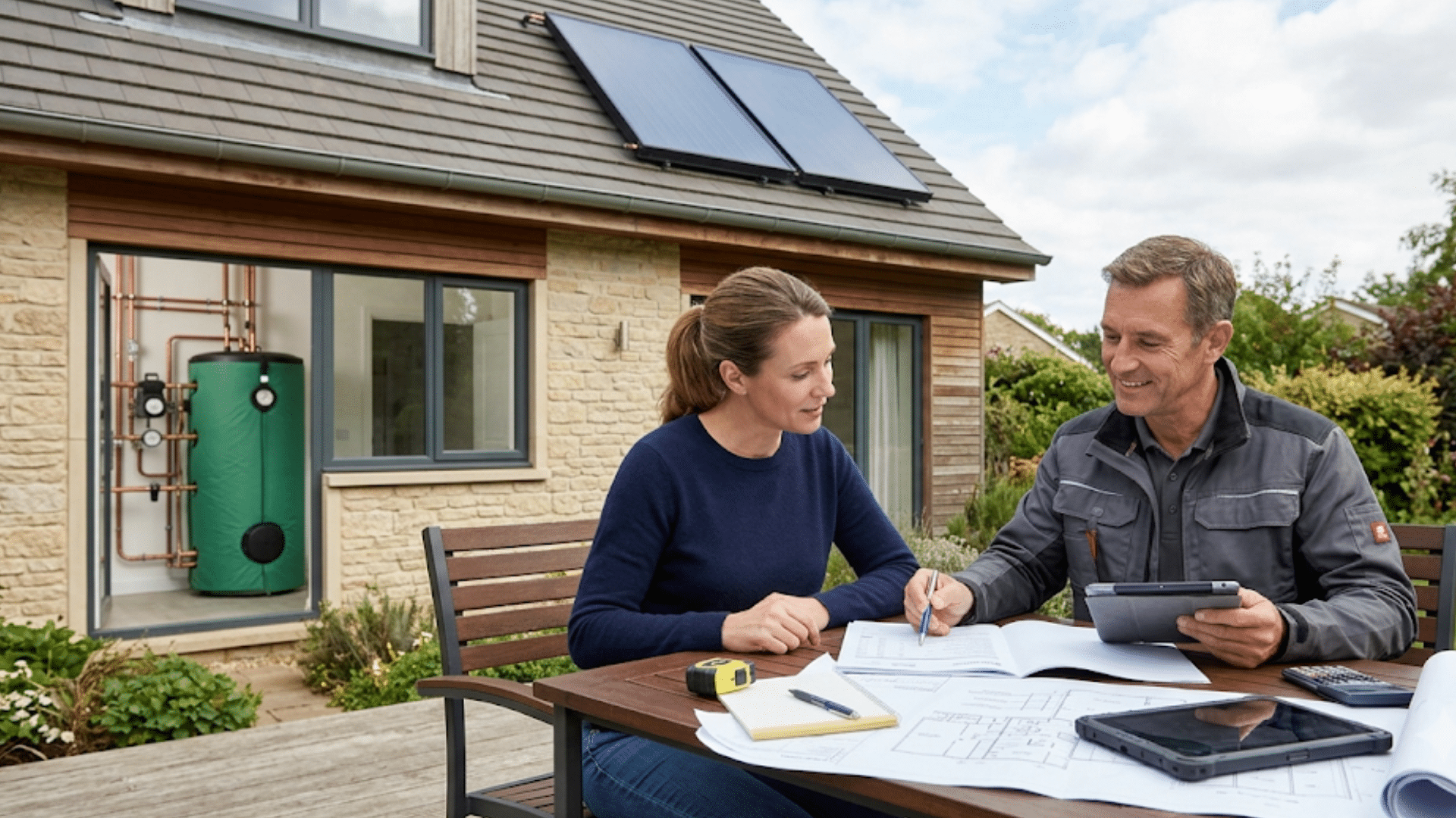woman and a contractor discuss house solar panel plans at a patio table, referencing blueprints and a tablet with installed systems visible in the background