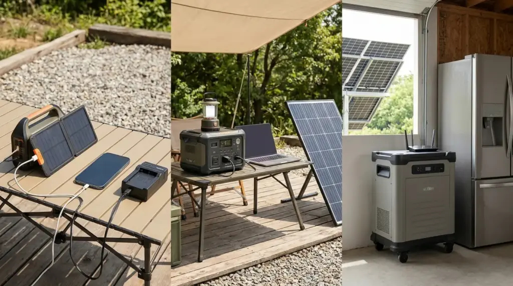 Different solar generators showing portable, mid-tier, and home backup power options.