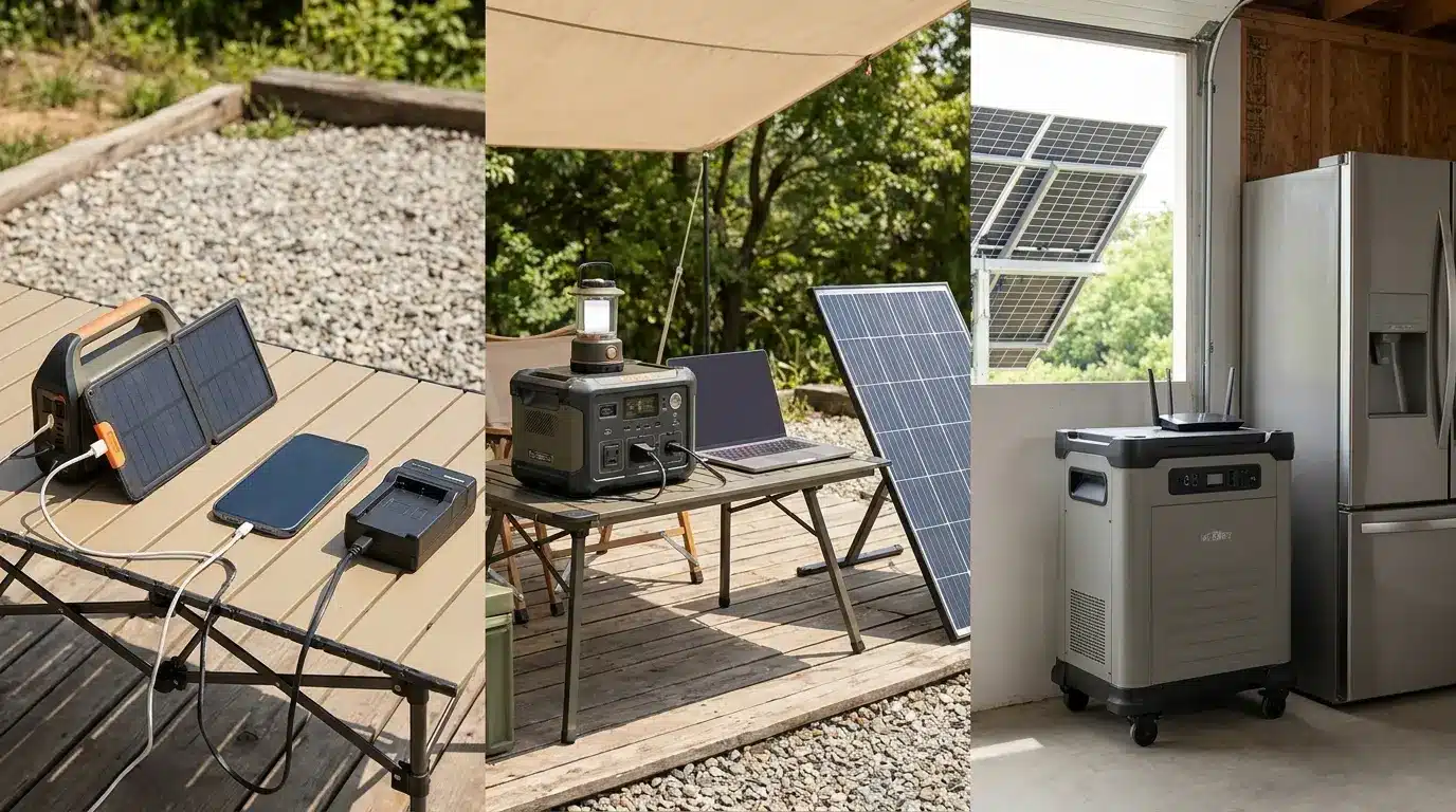 Different solar generators showing portable, mid-tier, and home backup power options.