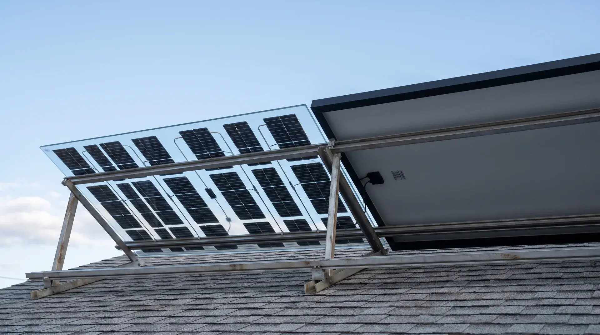 Bifacial solar panel with transparent rear layer next to standard opaque-backed panel