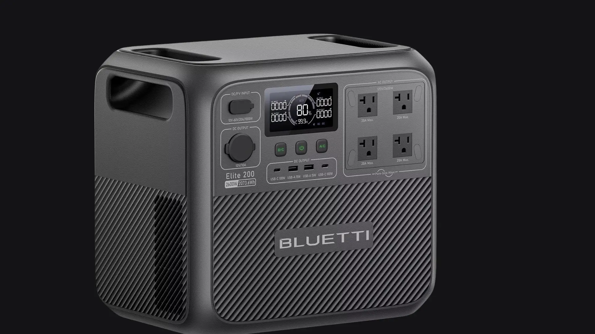Bluetti Elite 200 V2 portable solar generator with digital display, multiple AC outlets, USB ports, and built-in handles