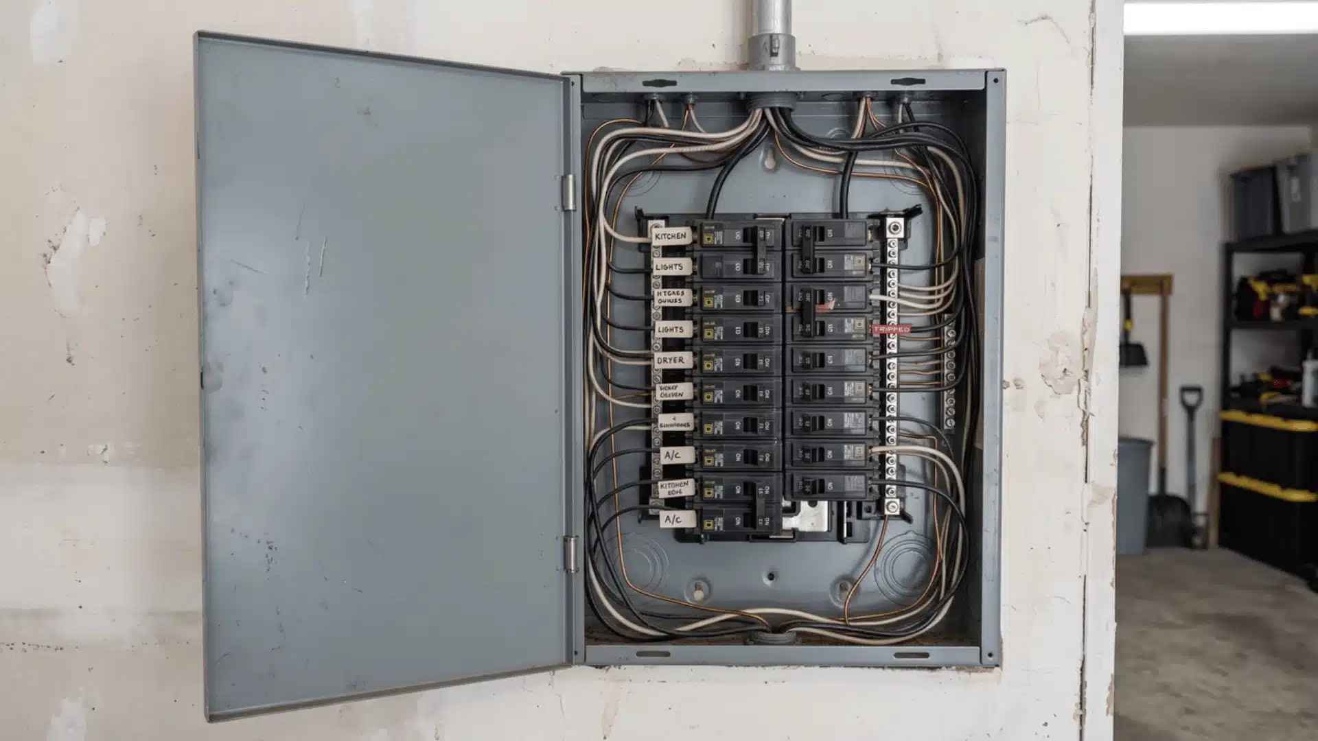 breaker panel with one switch in the tripped position