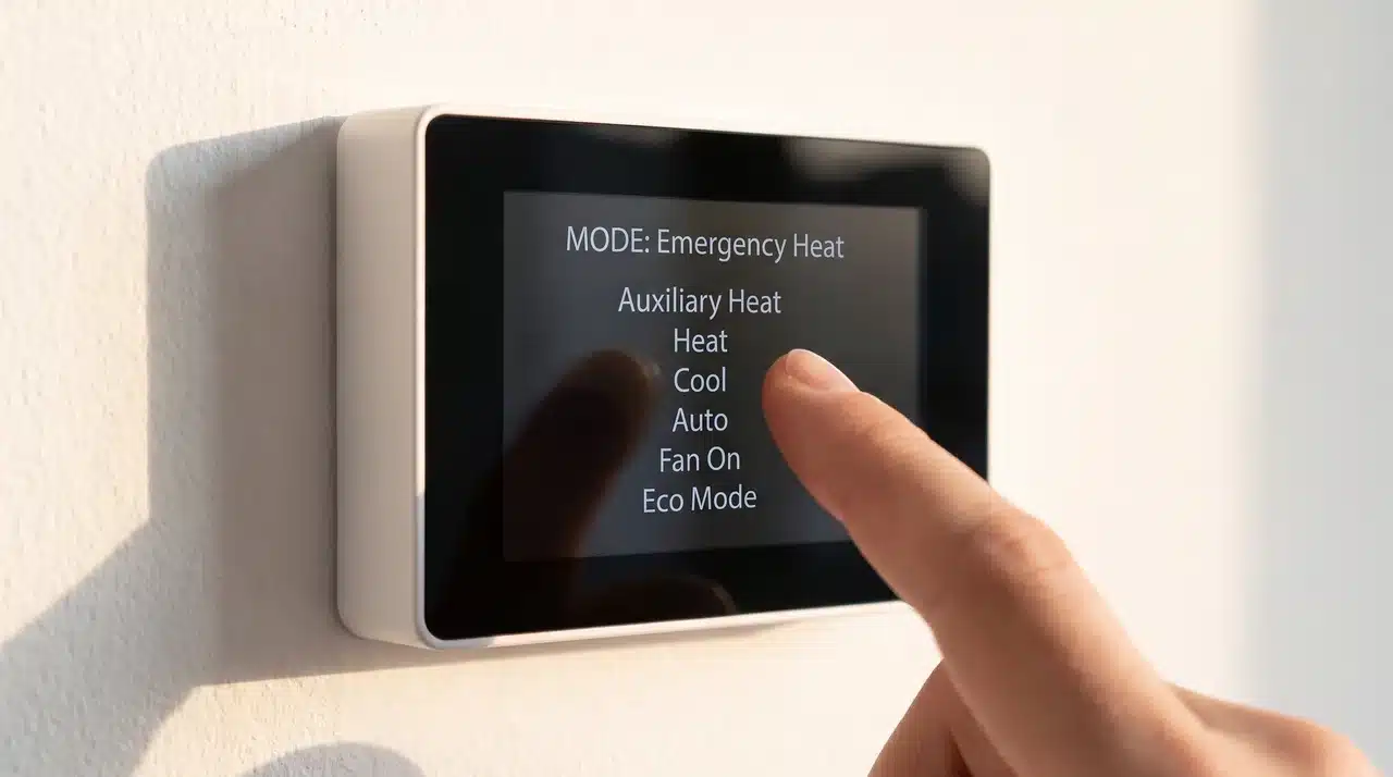 Close-up of a modern white smart thermostat on a white wall displaying Emergency Heat and Auxiliary Heat mode options in soft light.