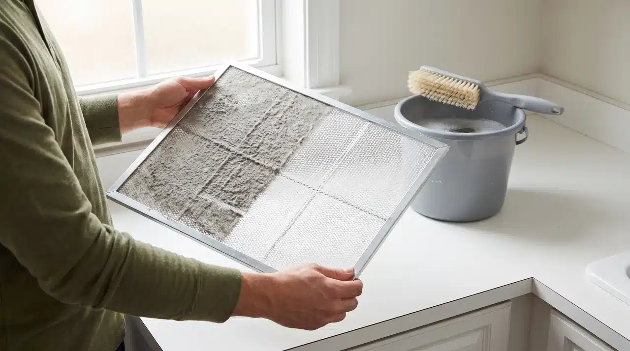 Two hands holding a partially cleaned HVAC filter showing dirty grey mesh on one side and clean white mesh on the other above a soapy bucket.
