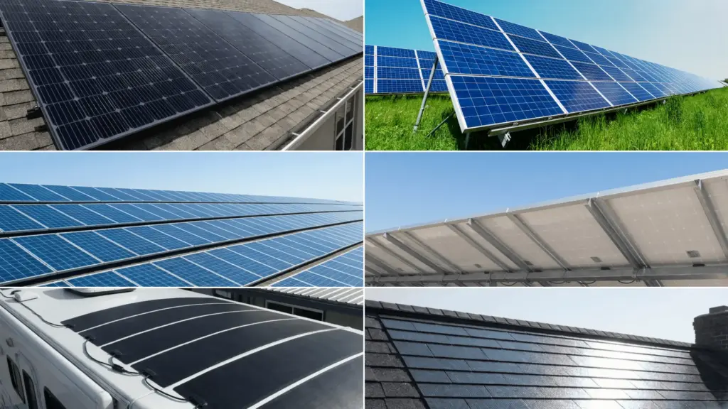Collage showing rooftop, ground-mounted, bifacial, flexible, and solar-shingle panels, highlighting solar panel designs and installation settings for homes and businesses