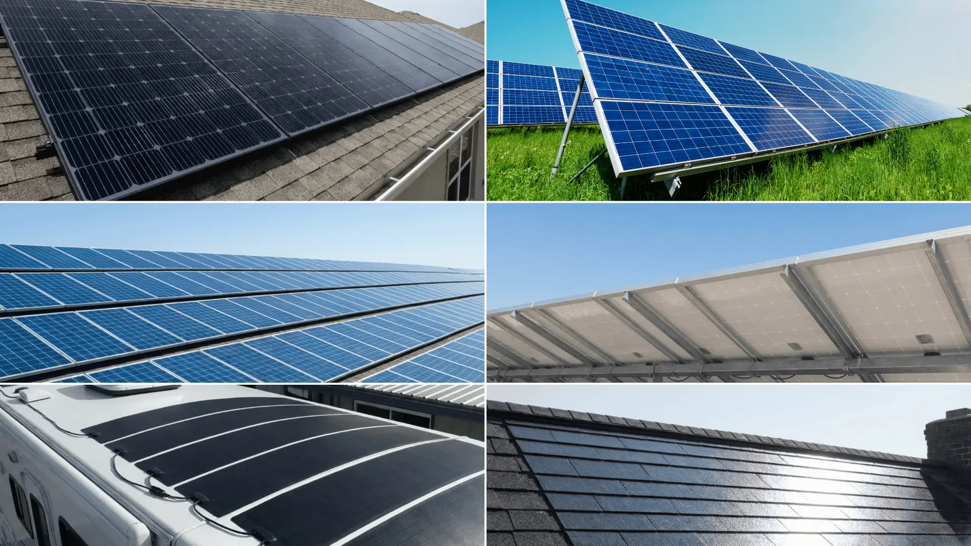 Collage showing rooftop, ground-mounted, bifacial, flexible, and solar-shingle panels, highlighting solar panel designs and installation settings for homes and businesses