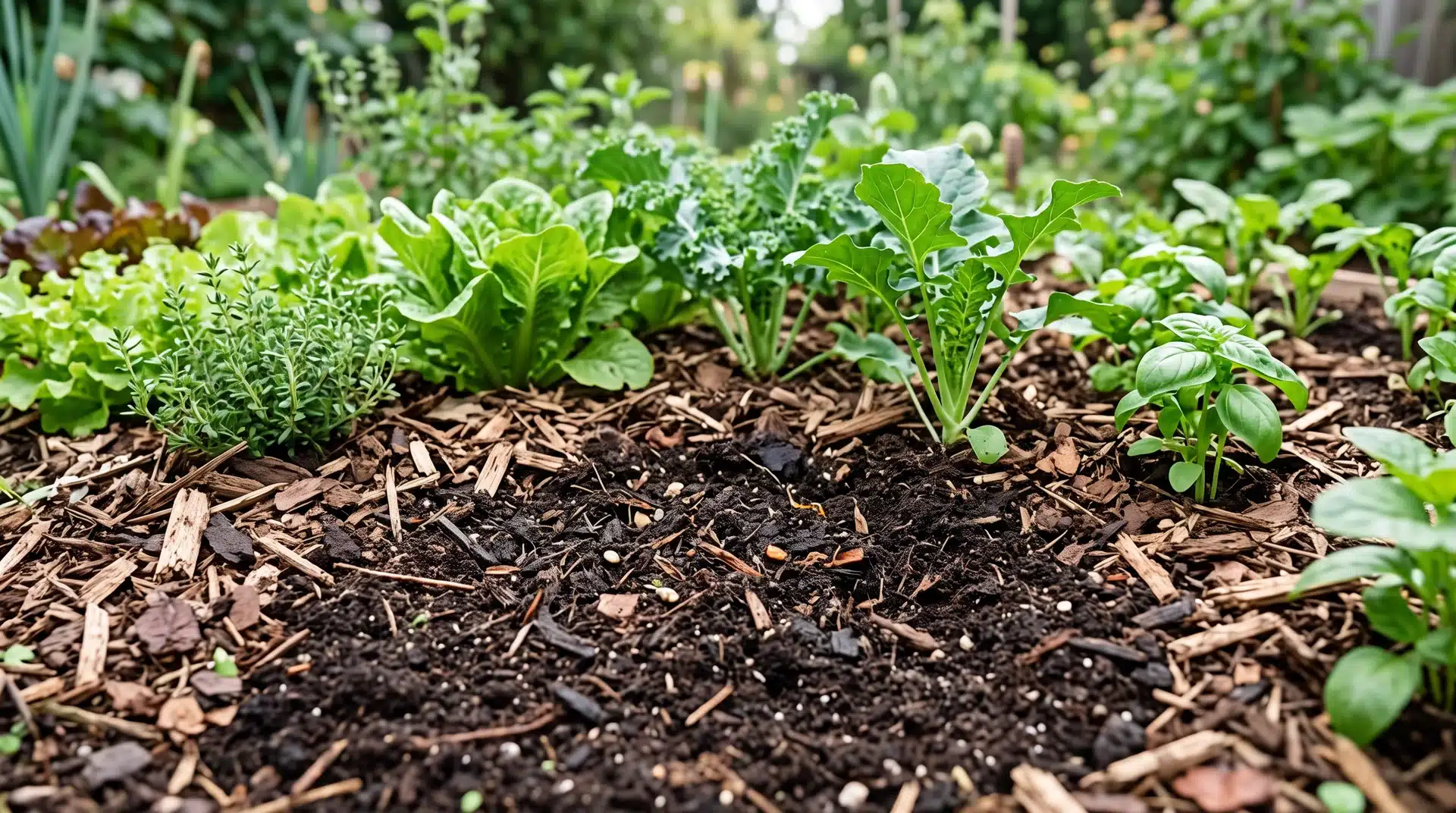 Compost and mulch added to soil around plants in a garden bed