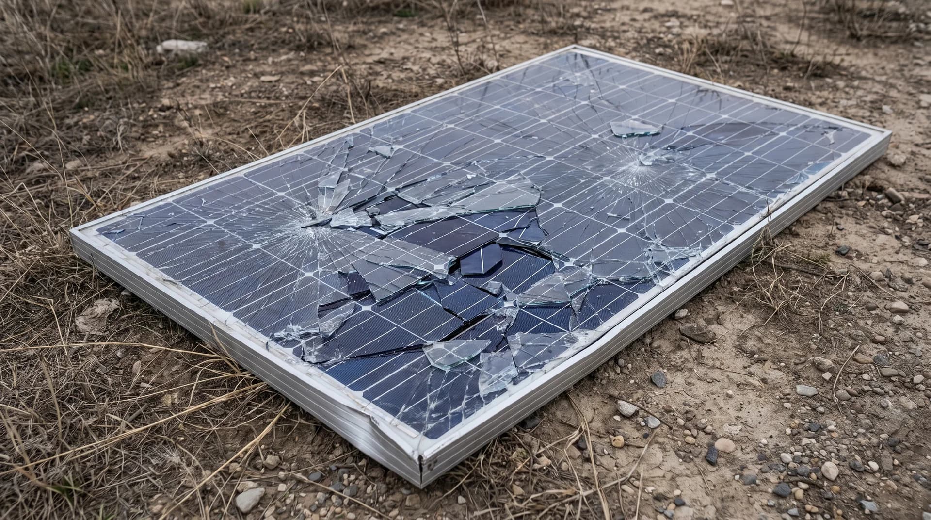 Cracked solar panel with fractured glass and bent frame lying on the ground