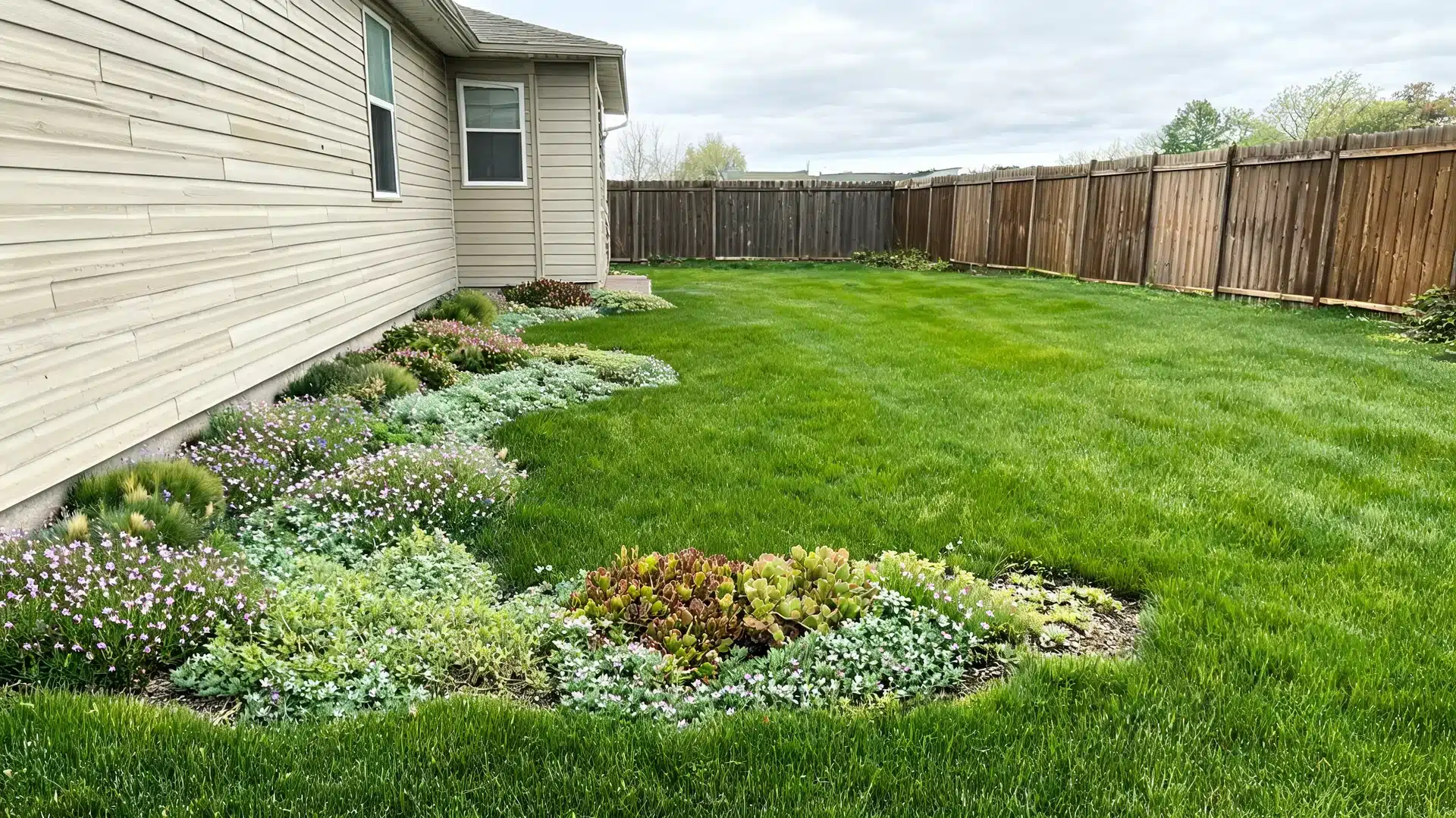 Creeping thyme, sedum, and buffalo grass replacing narrow strips and corners of a residential lawn