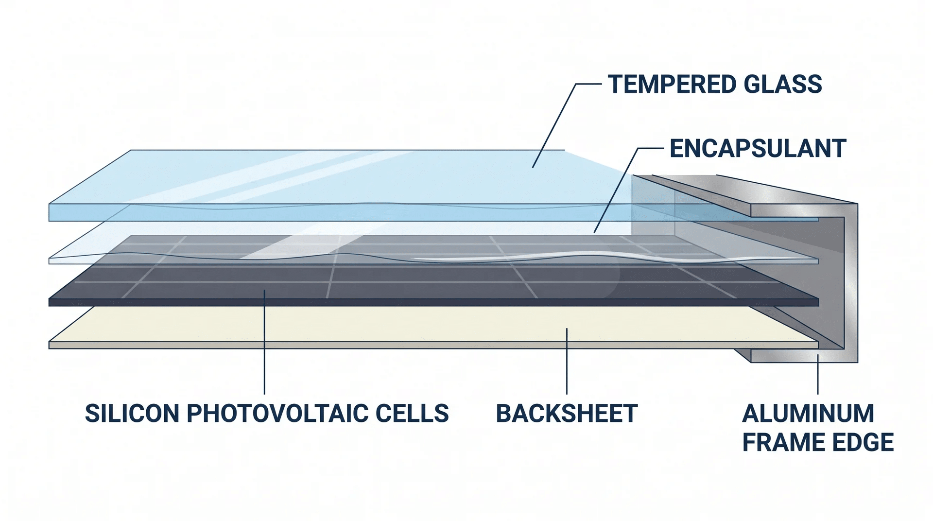 Cross-section diagram of solar panel layers including glass, cells, backsheet, and frame