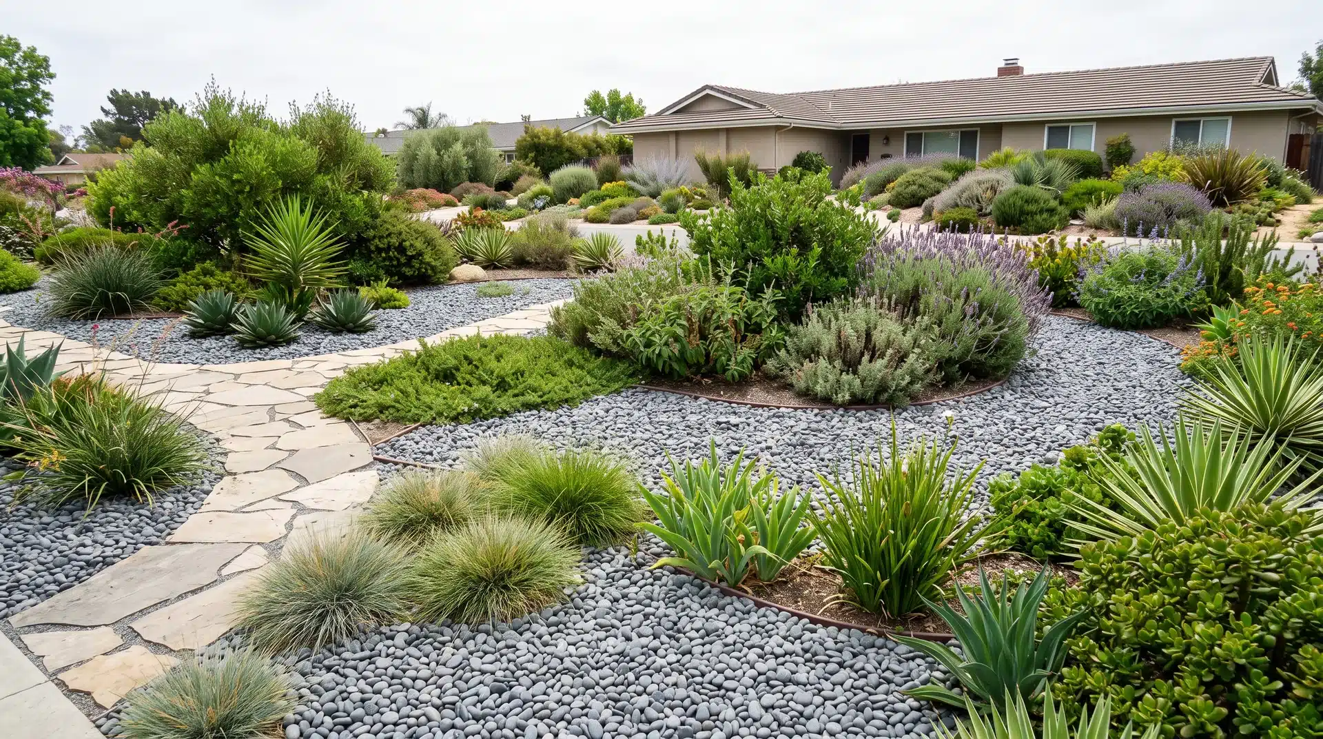 Decorative gravel around drought-tolerant plants and paths in a xeriscape yard