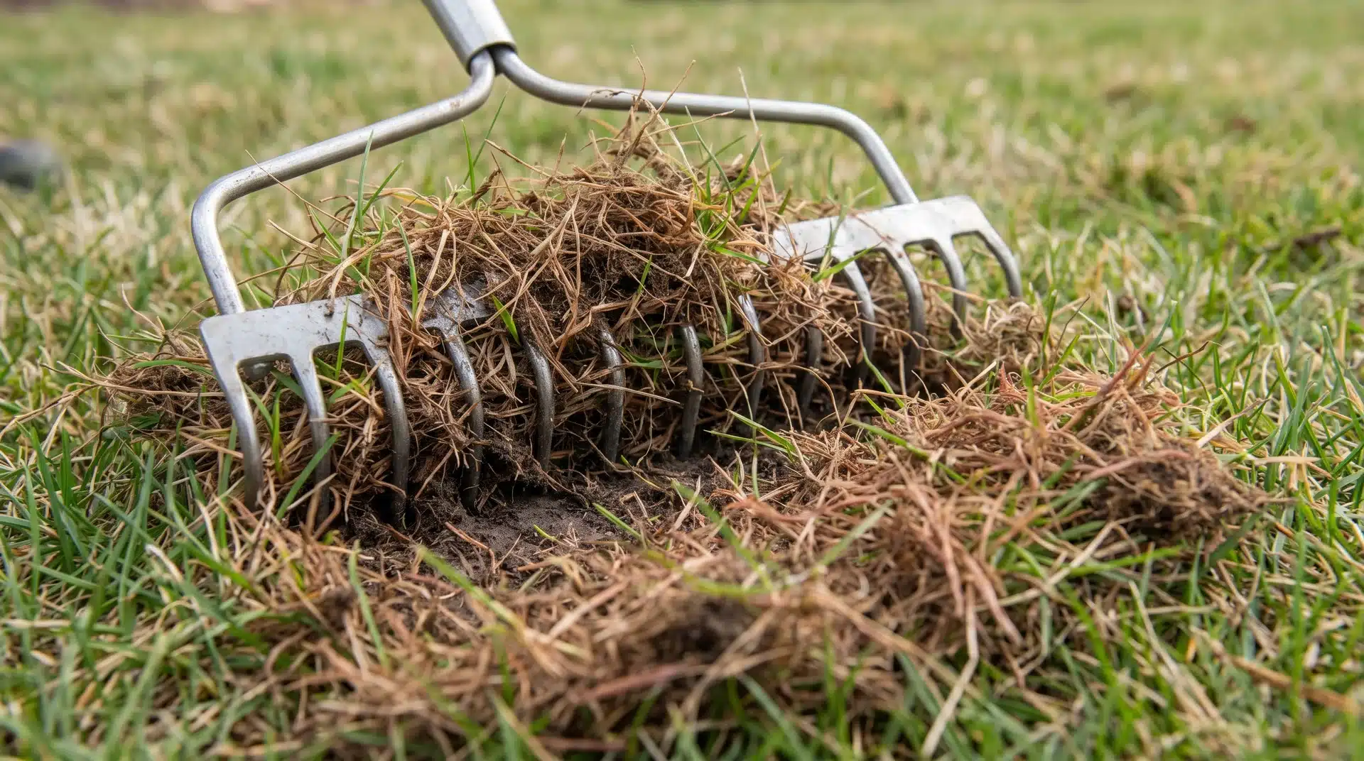 Dethatching rake removing dead grass and roots from a lawn surface