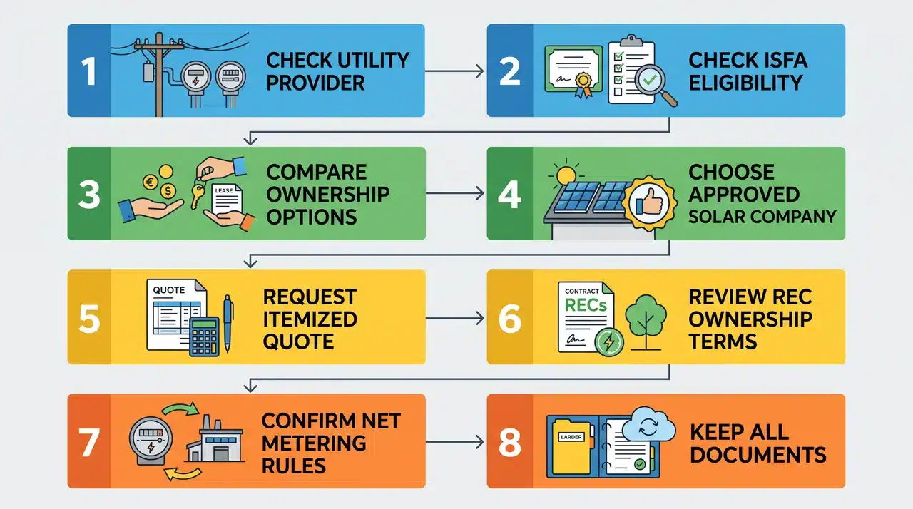 Diagram of eight steps to check Illinois solar incentive eligibility