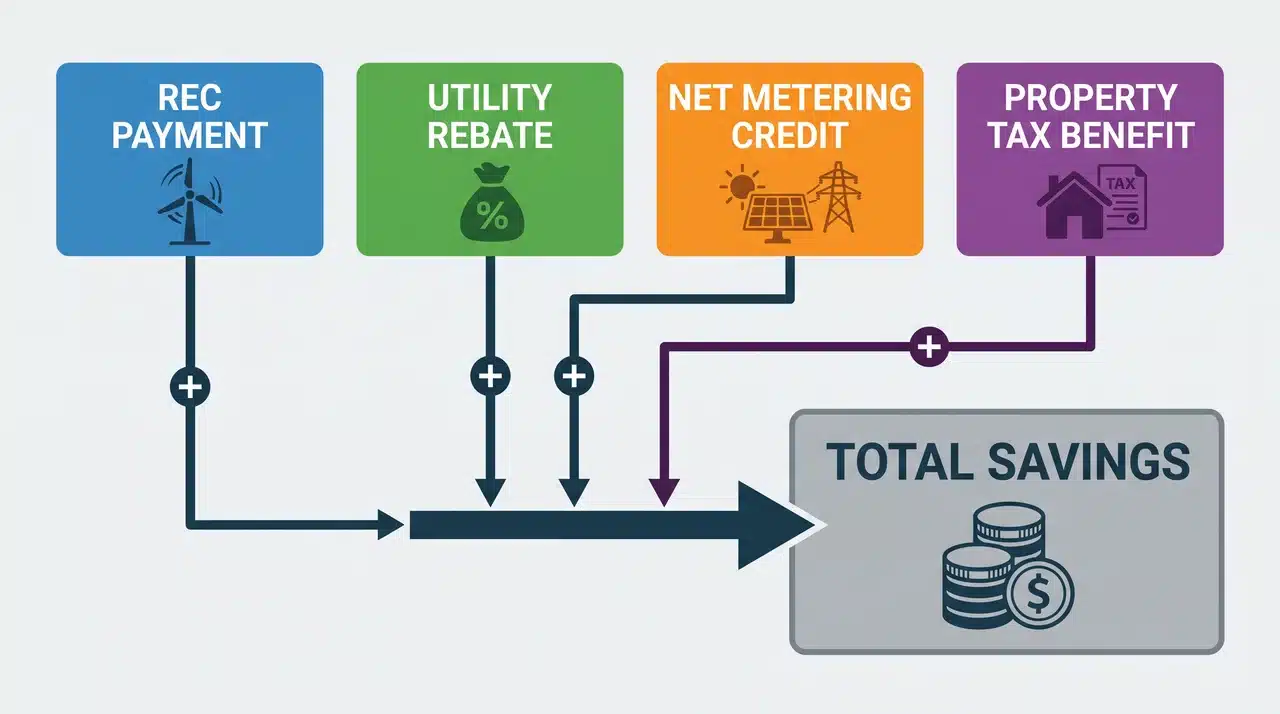 Diagram of four incentive sources combining into total solar savings
