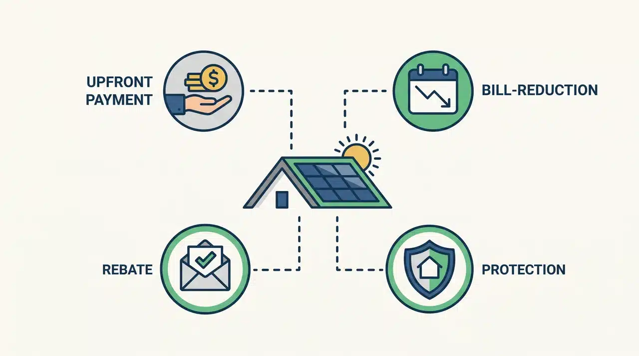 diagram of four solar incentive types connected to a central rooftop solar panel icon