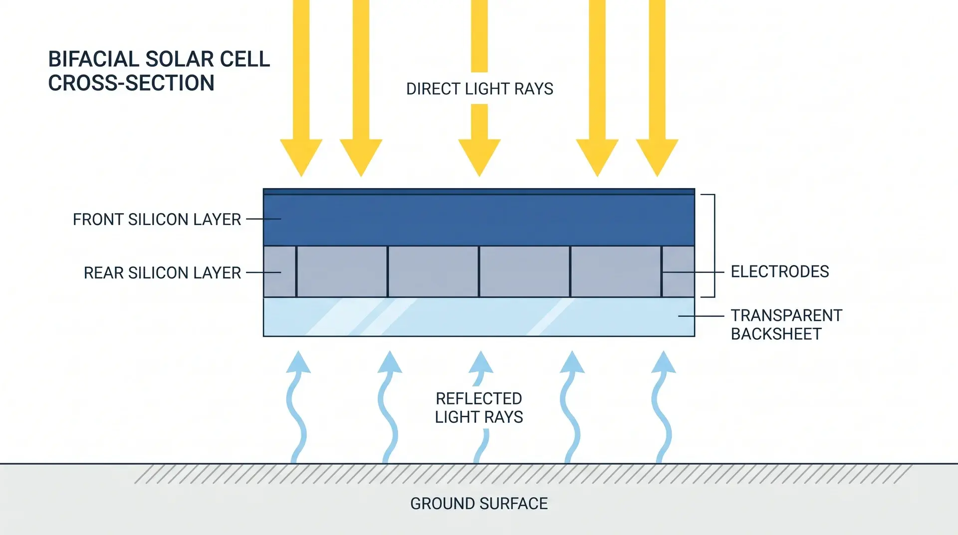 Diagram of light rays striking front and rear sides of a bifacial solar cell