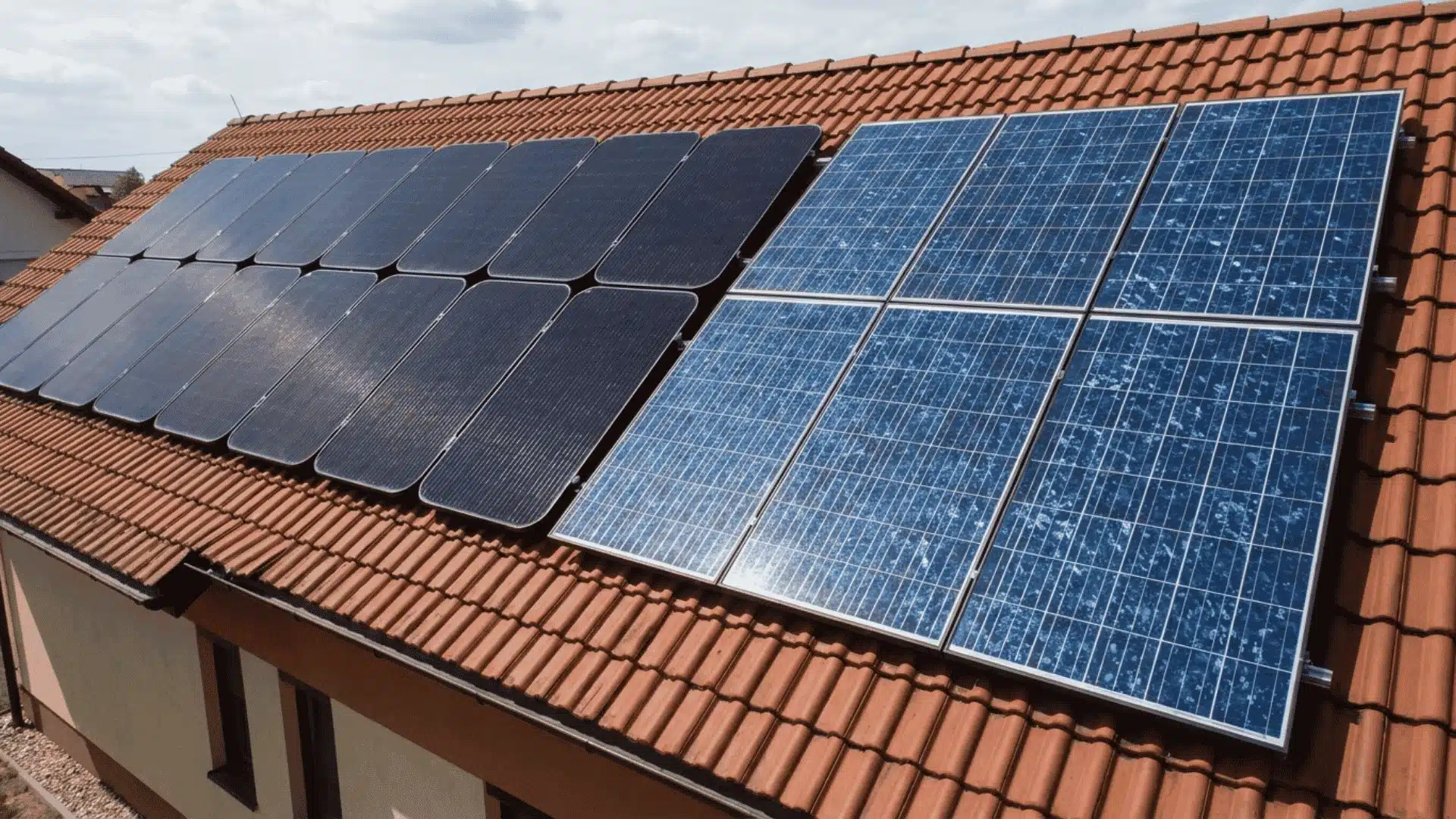Monocrystalline and polycrystalline solar panels installed on a rooftop