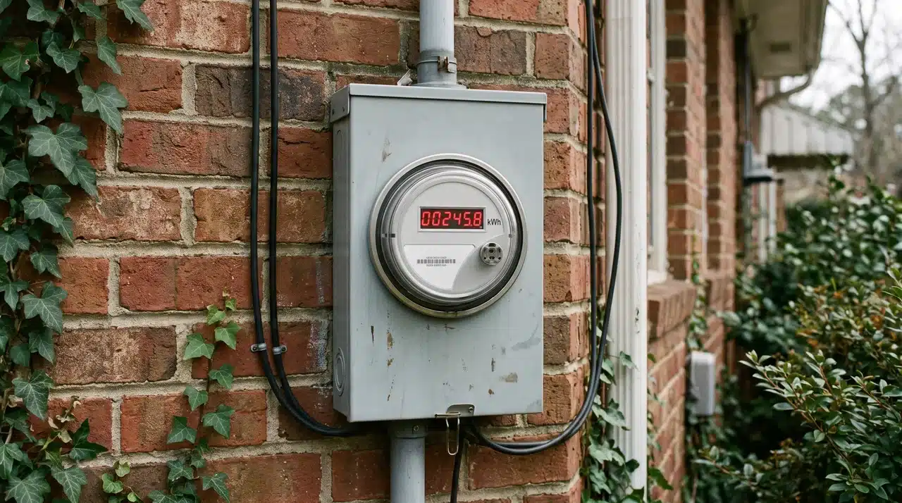 Digital electricity meter mounted on an exterior wall