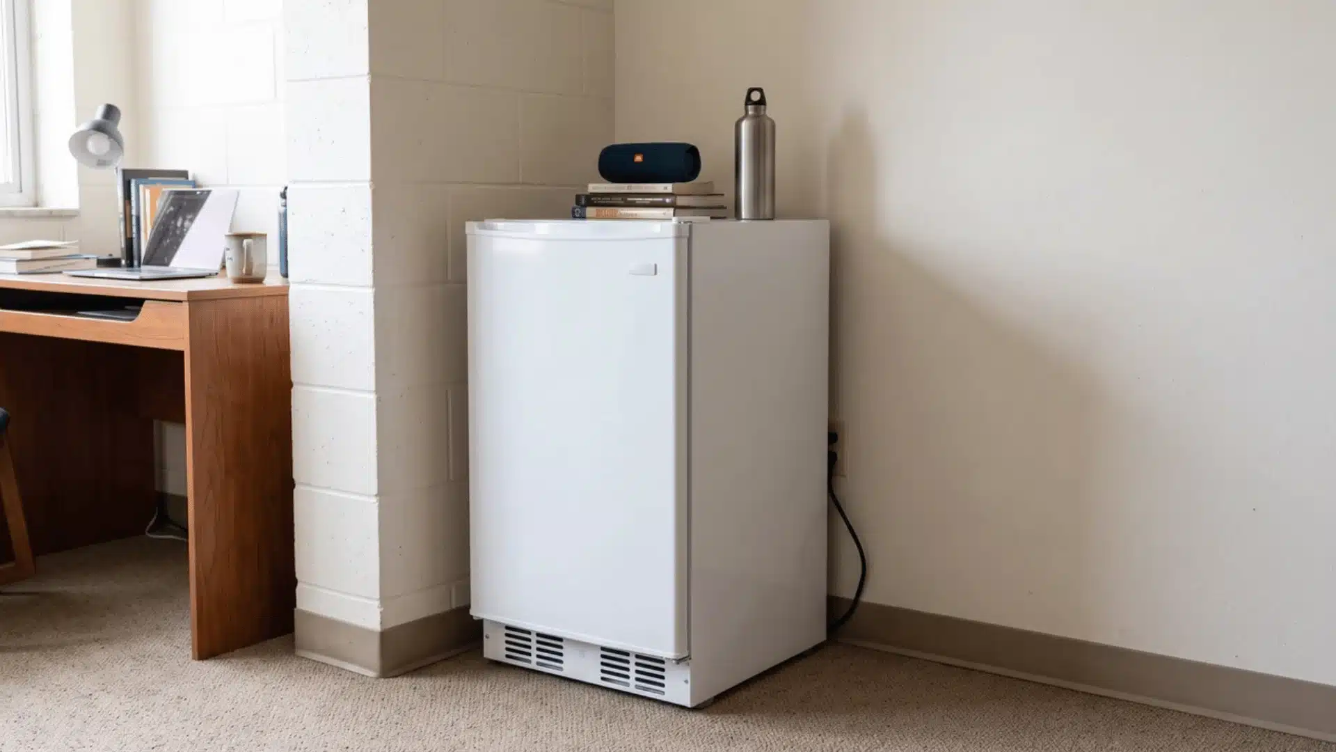 mini fridge in a dorm room corner near a wall