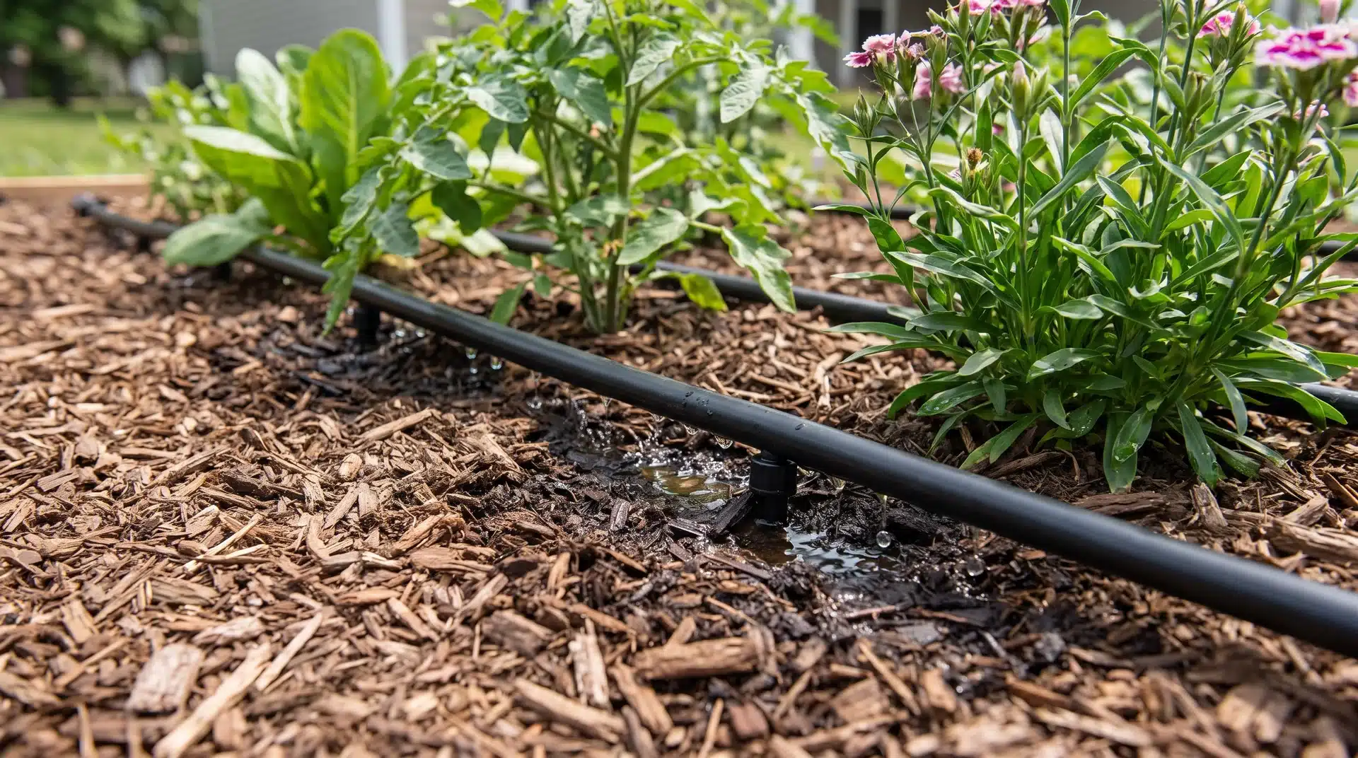 Drip irrigation tubes watering plants directly at the soil surface