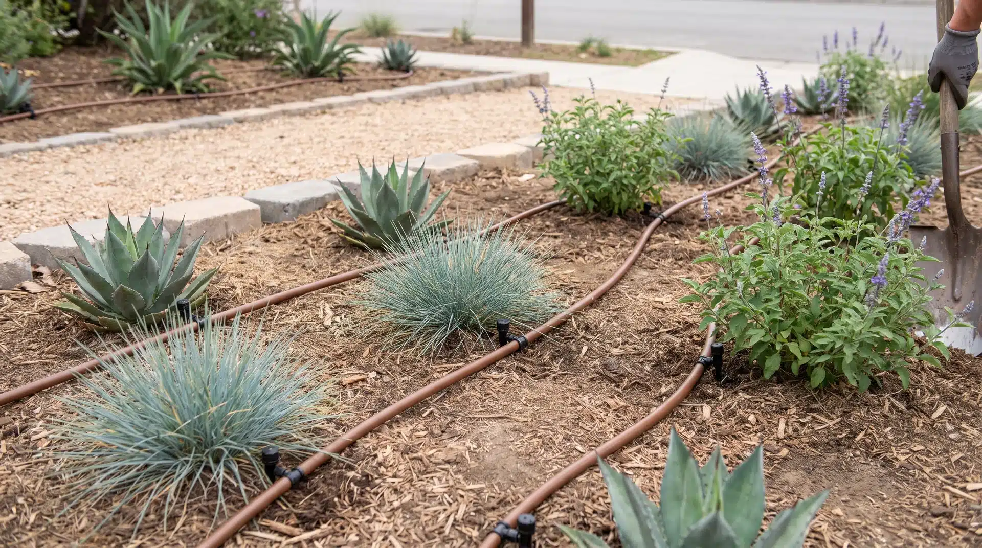 Drip irrigation tubing with emitters placed near plants in a xeriscape yard bed