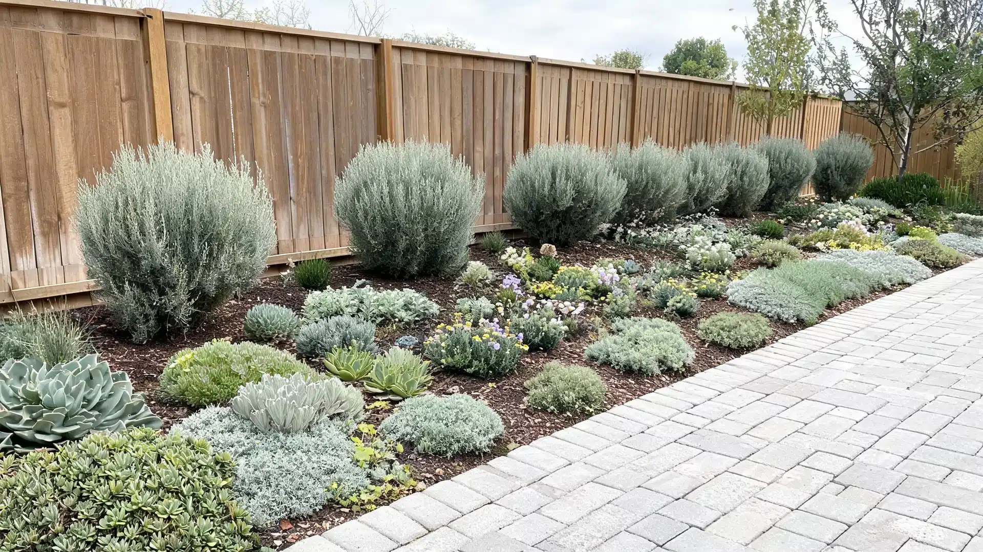 Drought-tolerant shrubs at the back of a xeriscape bed with smaller plants in front and a walkway beside it