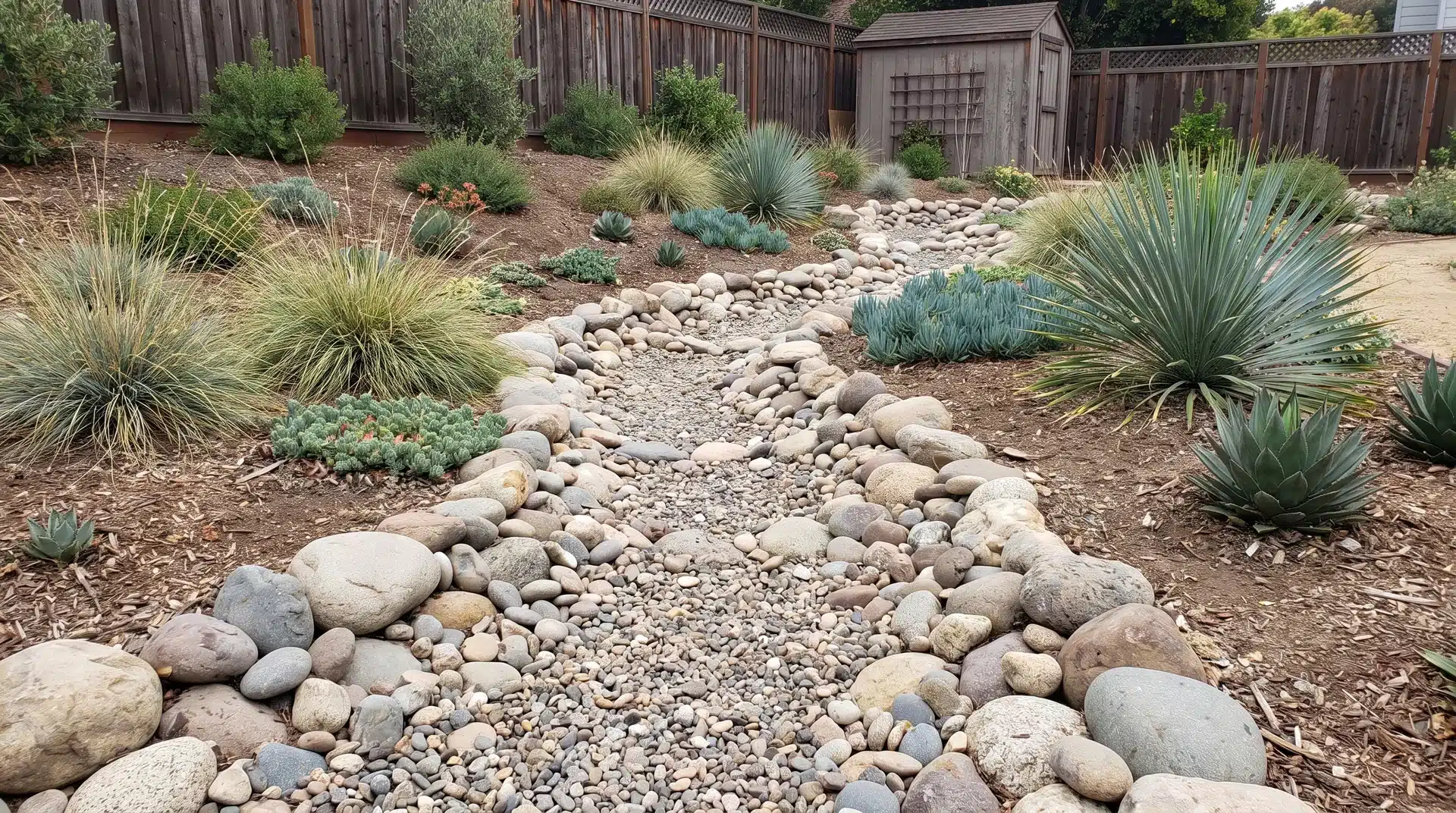 Dry creek bed with river rocks, gravel, and drought-tolerant plants in a xeriscape yard