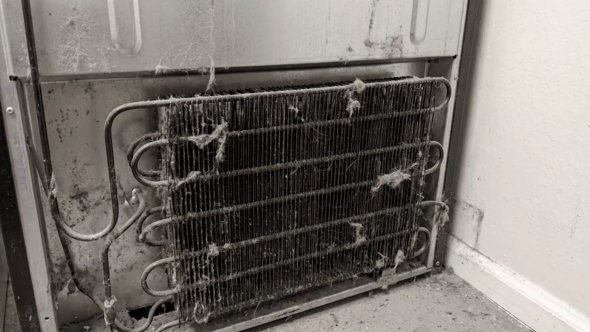 Dusty condenser coils on the exposed back panel of a refrigerator