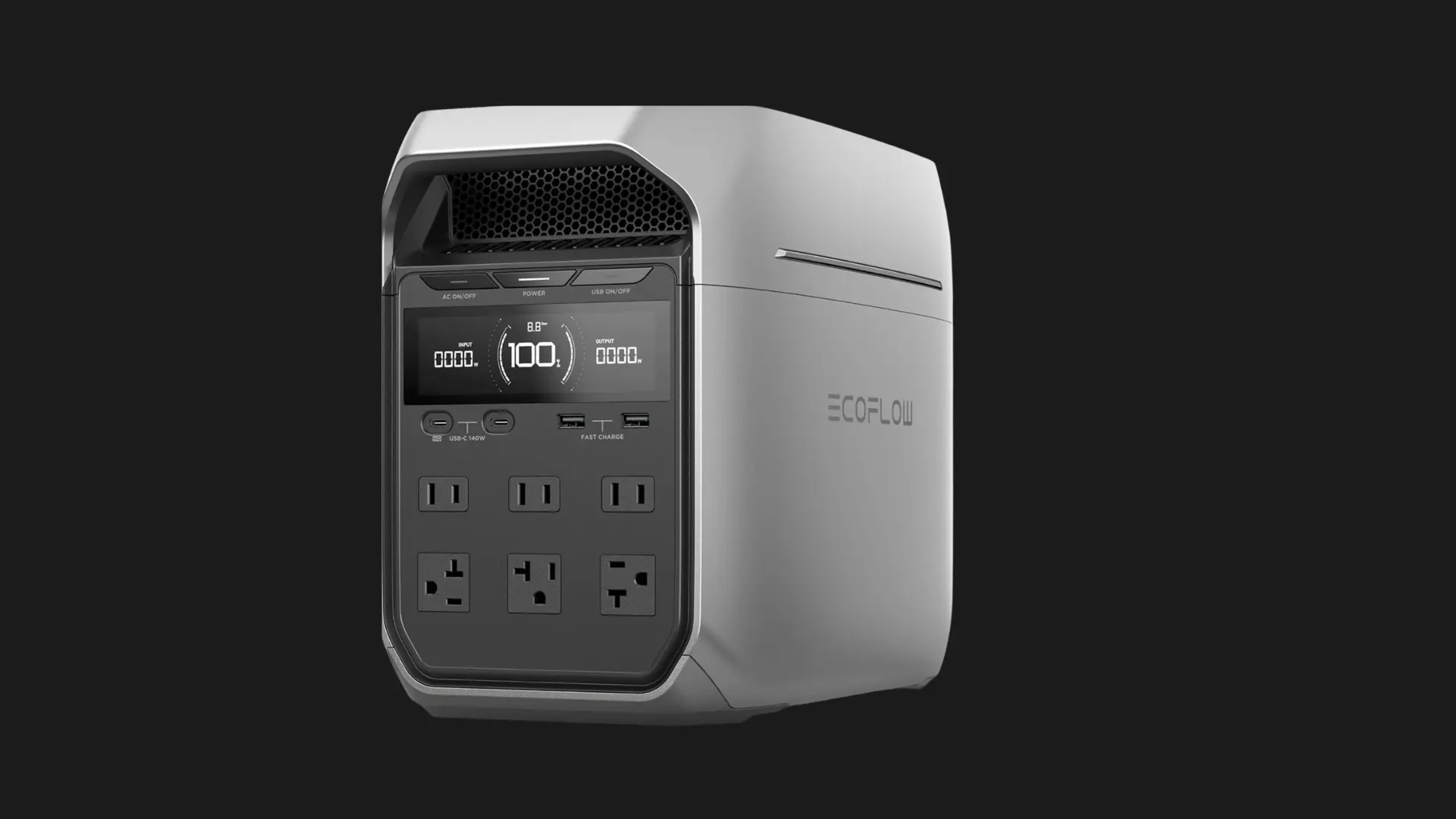 EcoFlow DELTA 3 Plus portable solar generator with digital display, six AC outlets, USB ports, and side ventilation