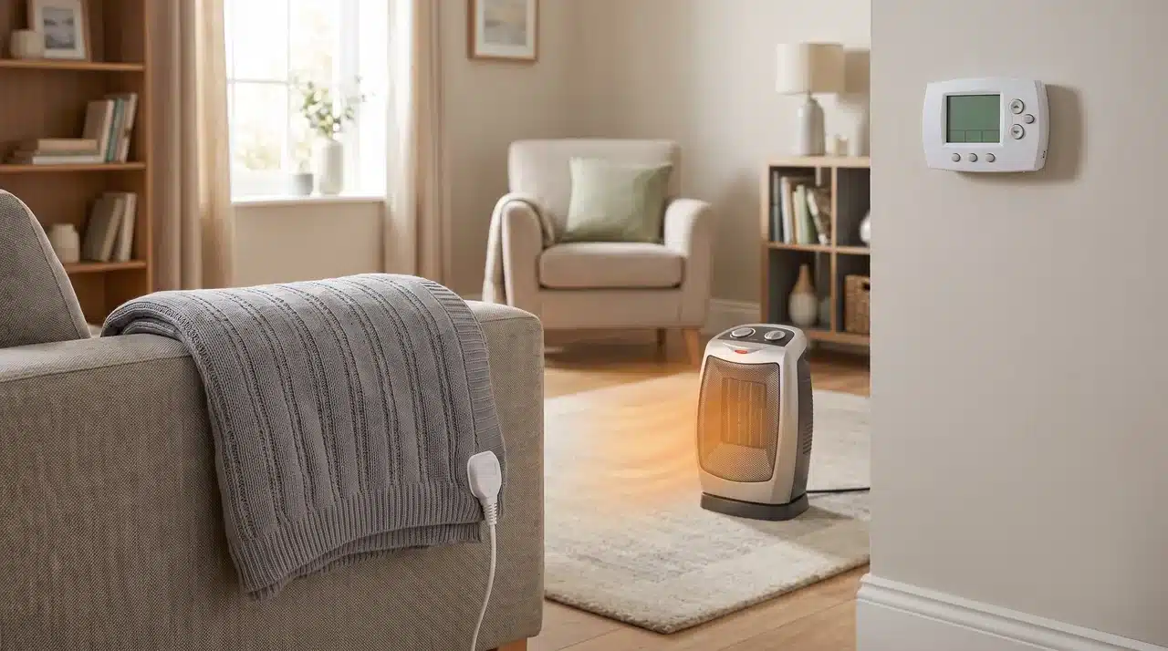 Electric blanket space heater and thermostat shown as heating options