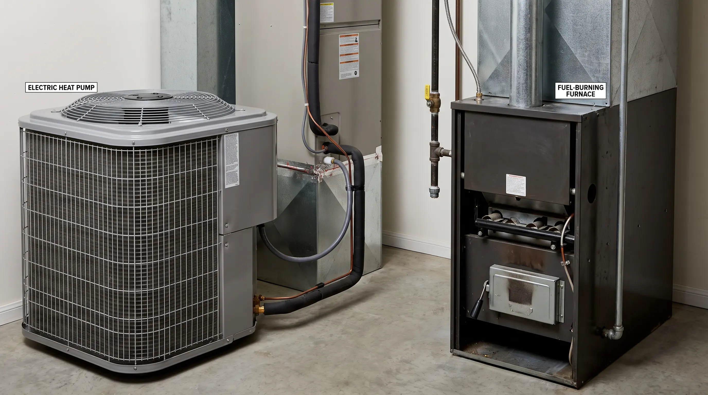 Electric heat pump and furnace showing their main equipment differences.