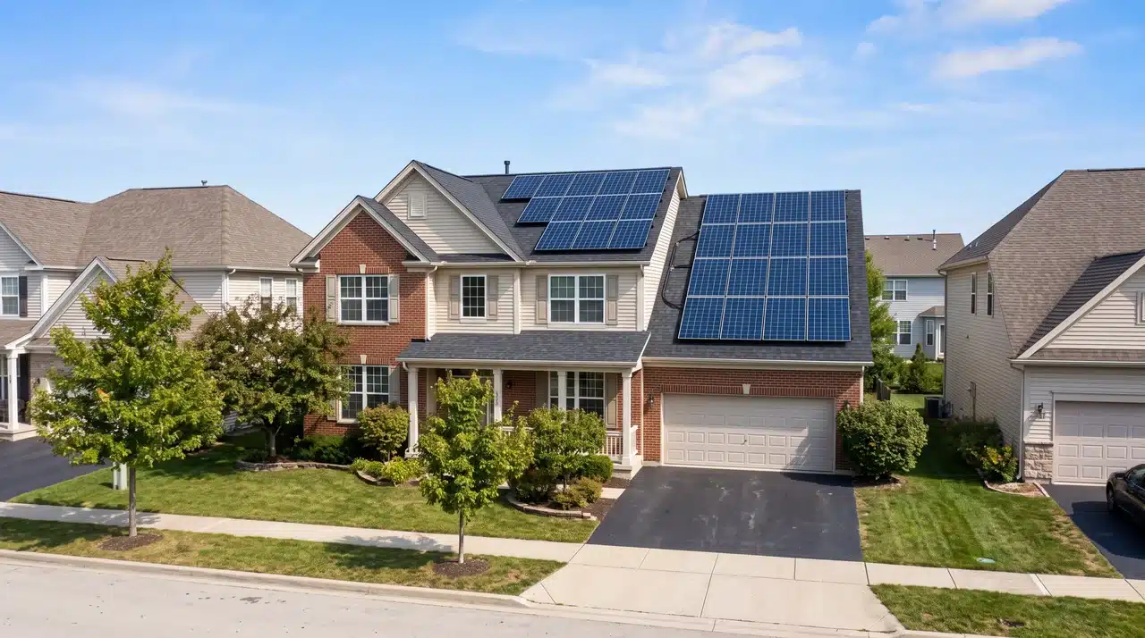 residential rooftop solar panel array installed on a suburban house