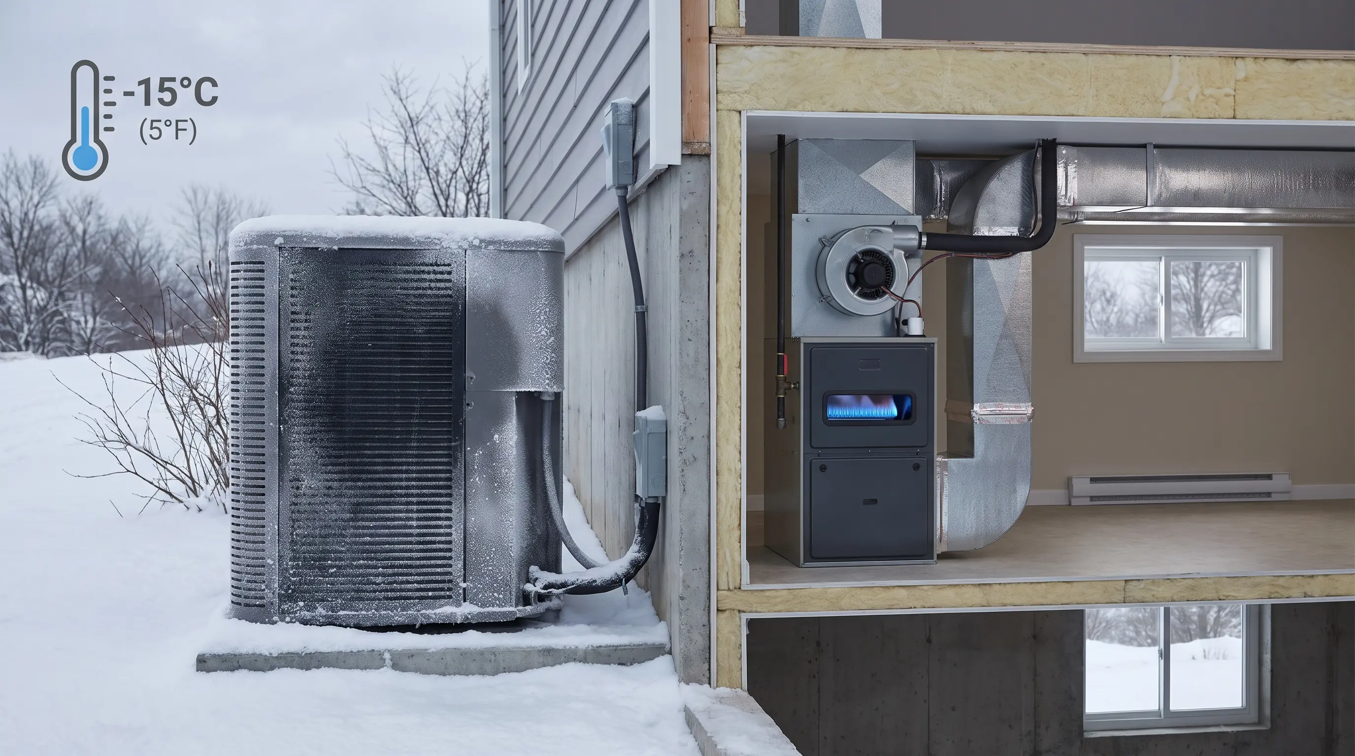 Furnace and cold-climate heat pump operating during freezing winter weather.