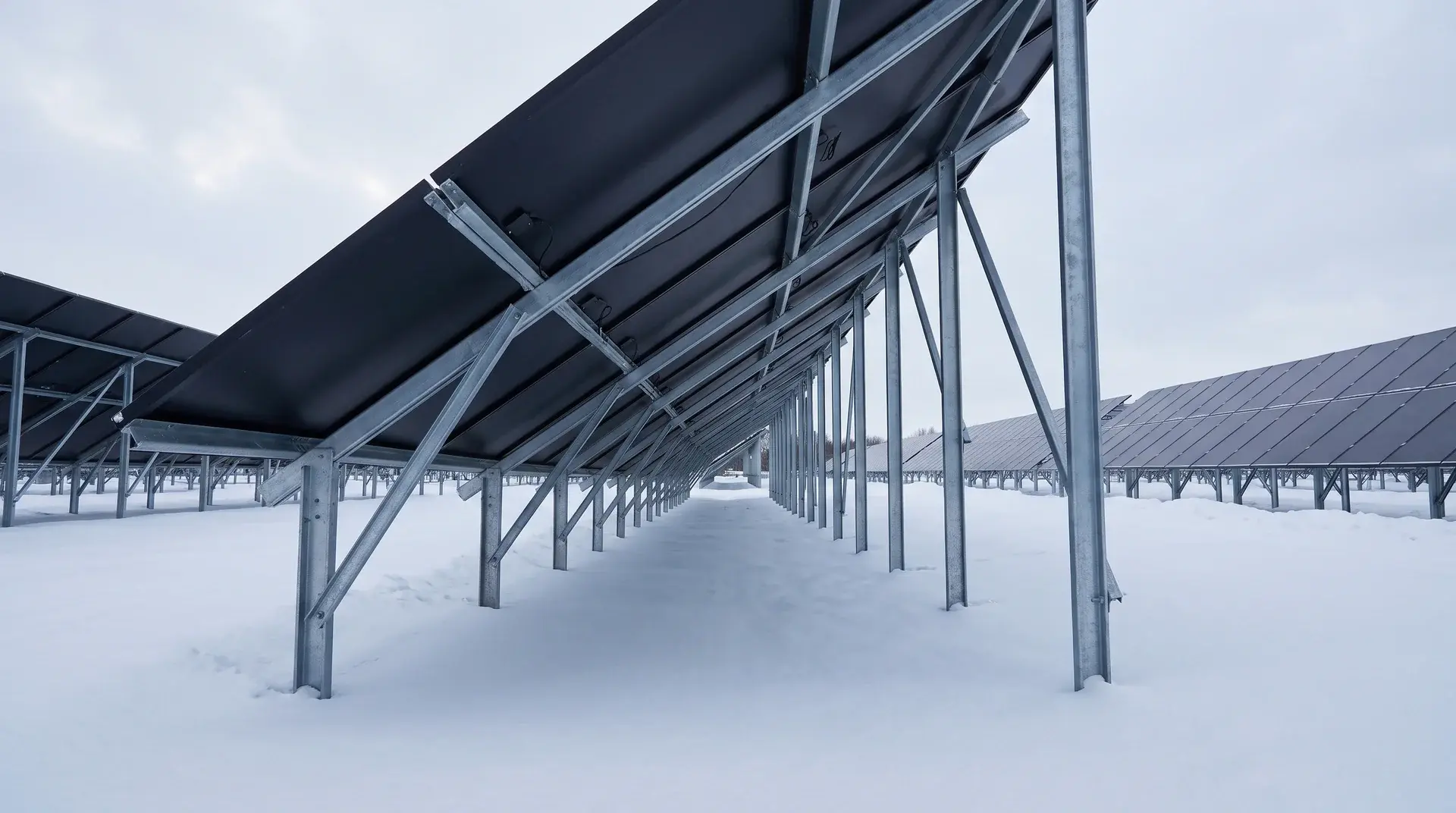 Ground-mounted solar panel elevated above snow-covered ground on metal supports