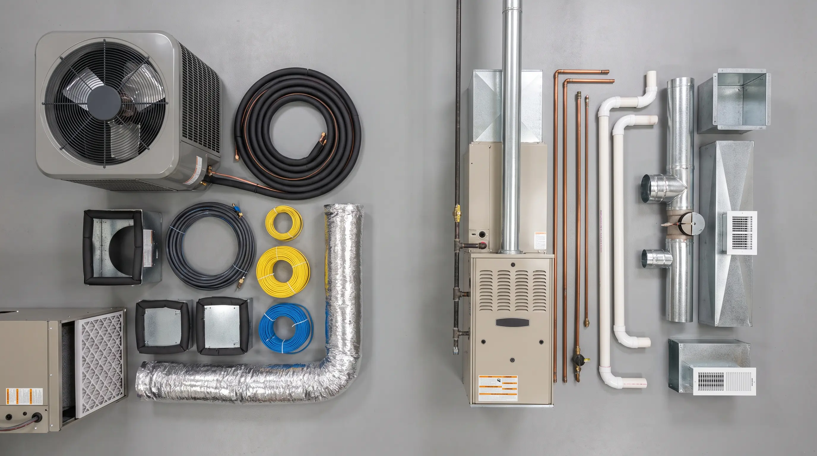 Heat pump and furnace with installation components that can affect total cost