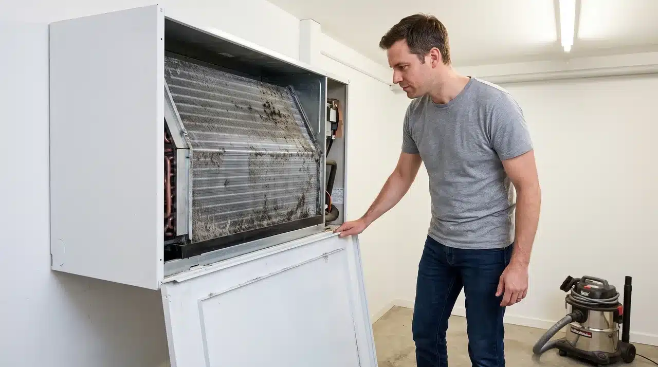 Homeowner standing beside an open indoor heat pump air handler unit showing dusty evaporator coil detail in a bright utility room.