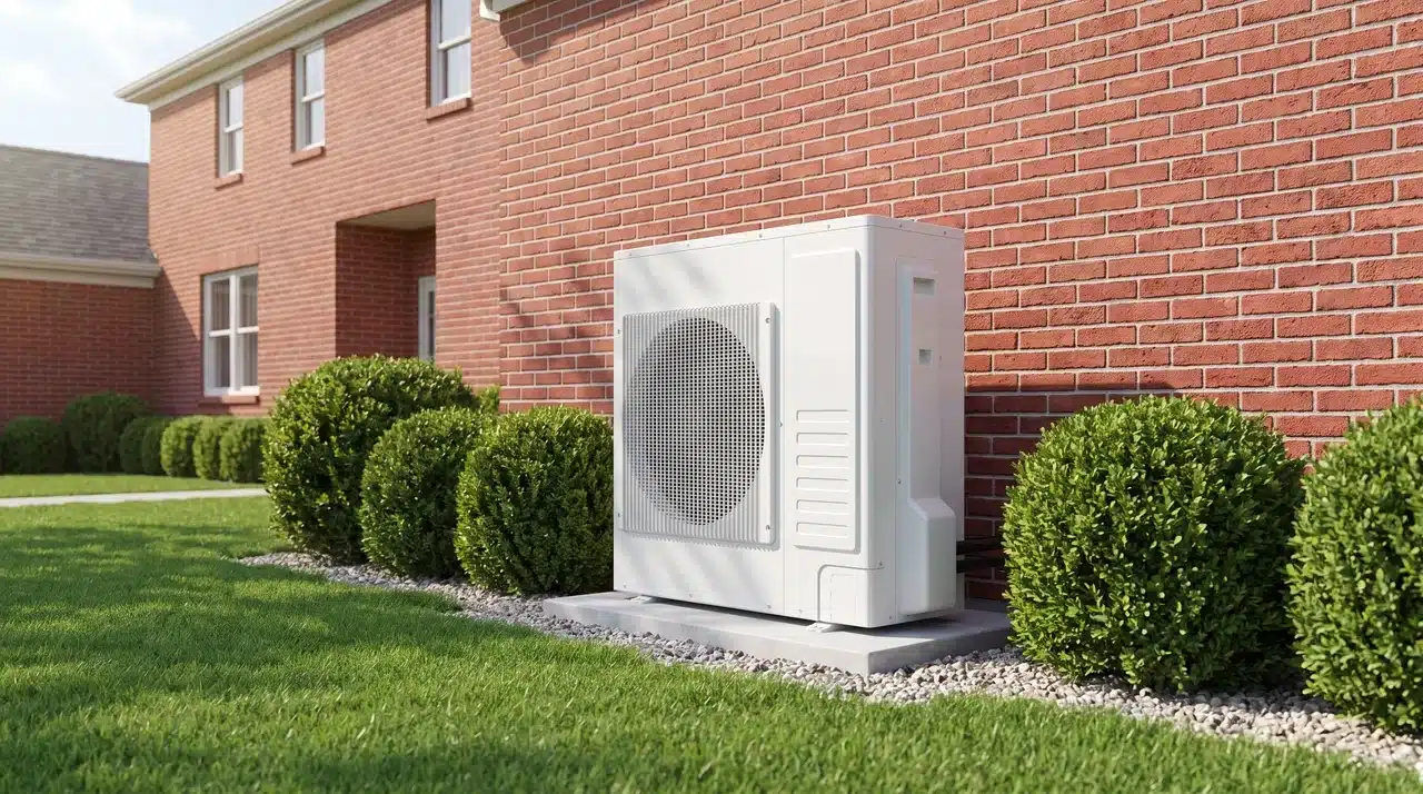 Modern white outdoor heat pump unit installed on a concrete pad next to a red brick house.