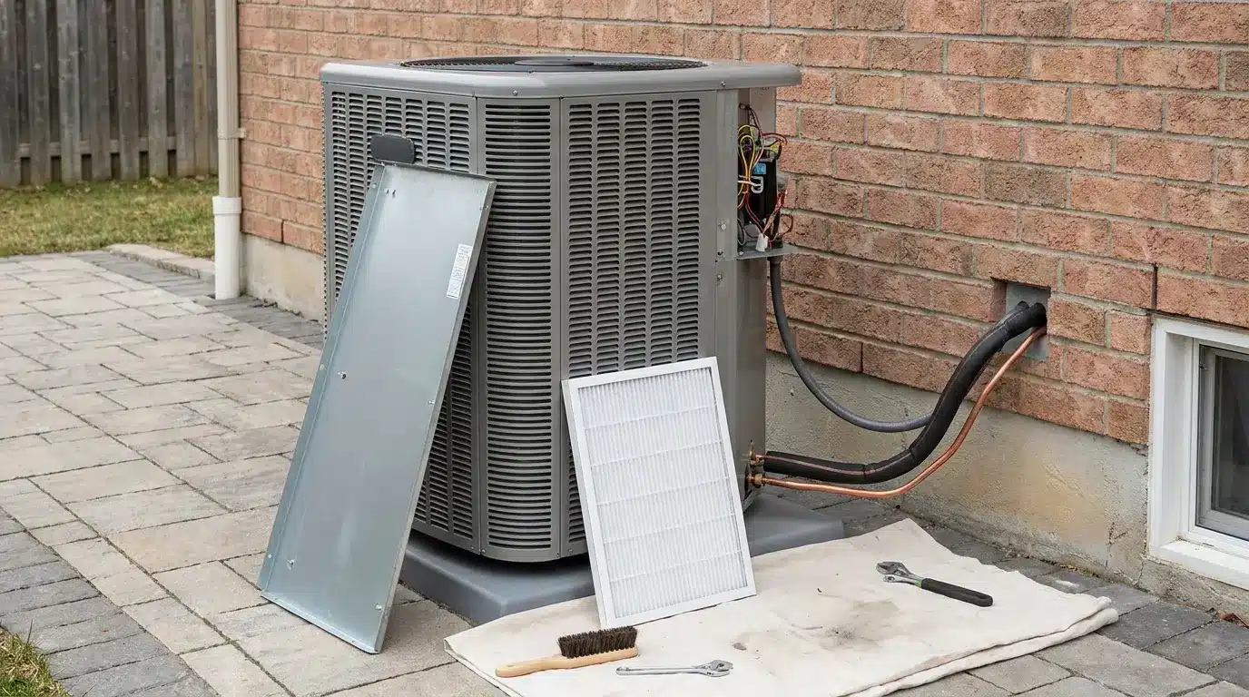 Heat pump outdoor unit during routine maintenance and inspection at a home