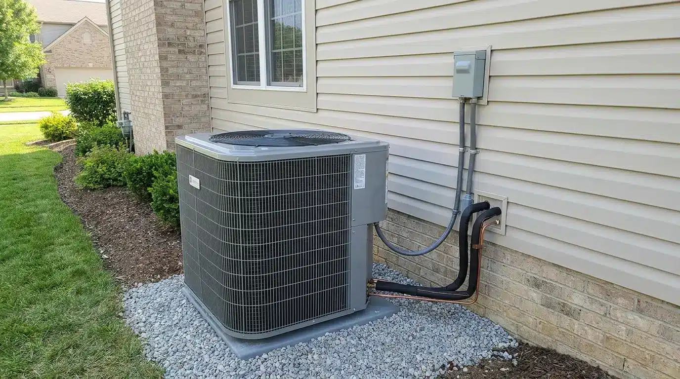 Heat pump replacement with new outdoor unit installed beside a home