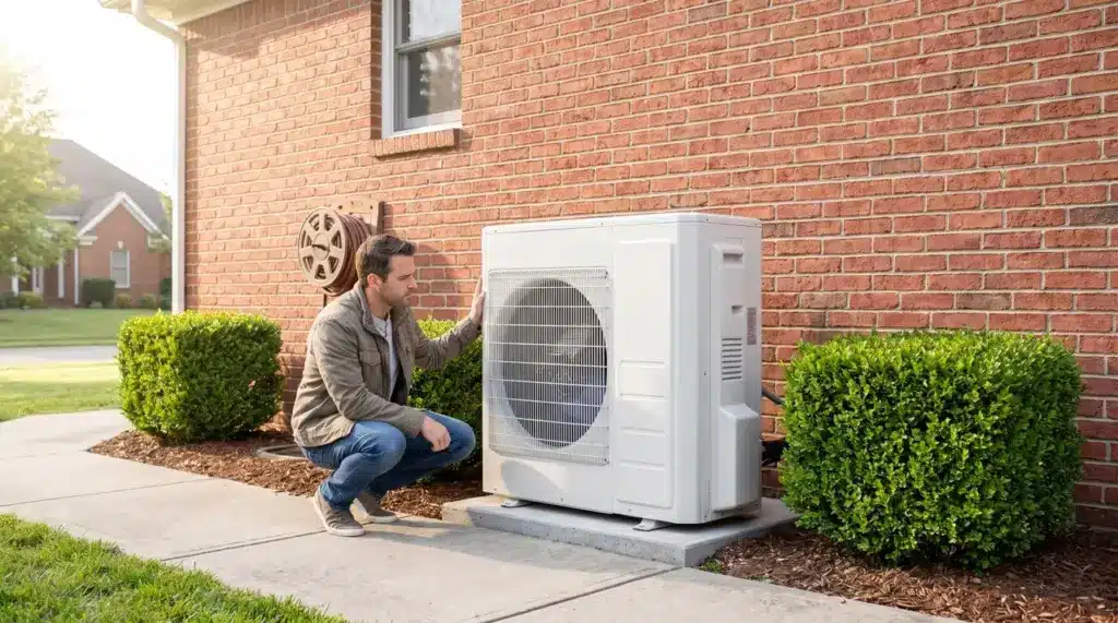 Homeowner standing in a bright hallway looking uncertainly at a glowing white wall-mounted thermostat in natural daylight.