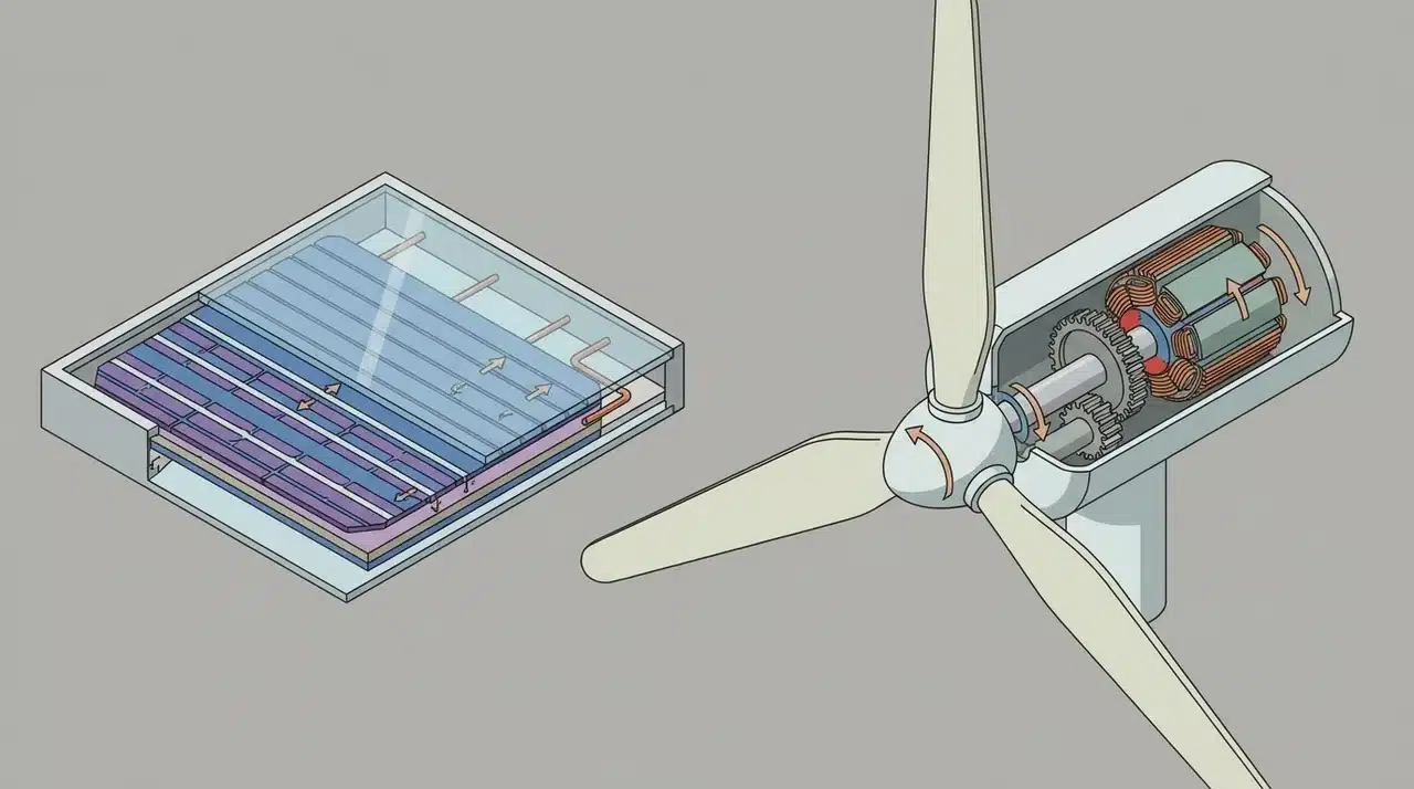 Cutaway view of solar panel cells and a wind turbine's rotor and generator