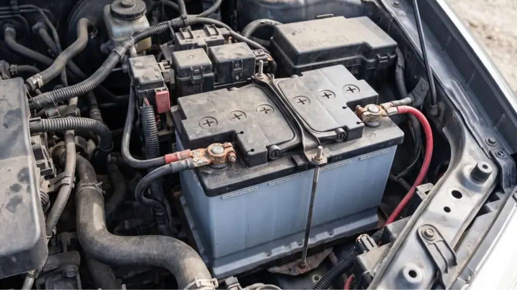 AGM battery installed in a vehicle engine compartment