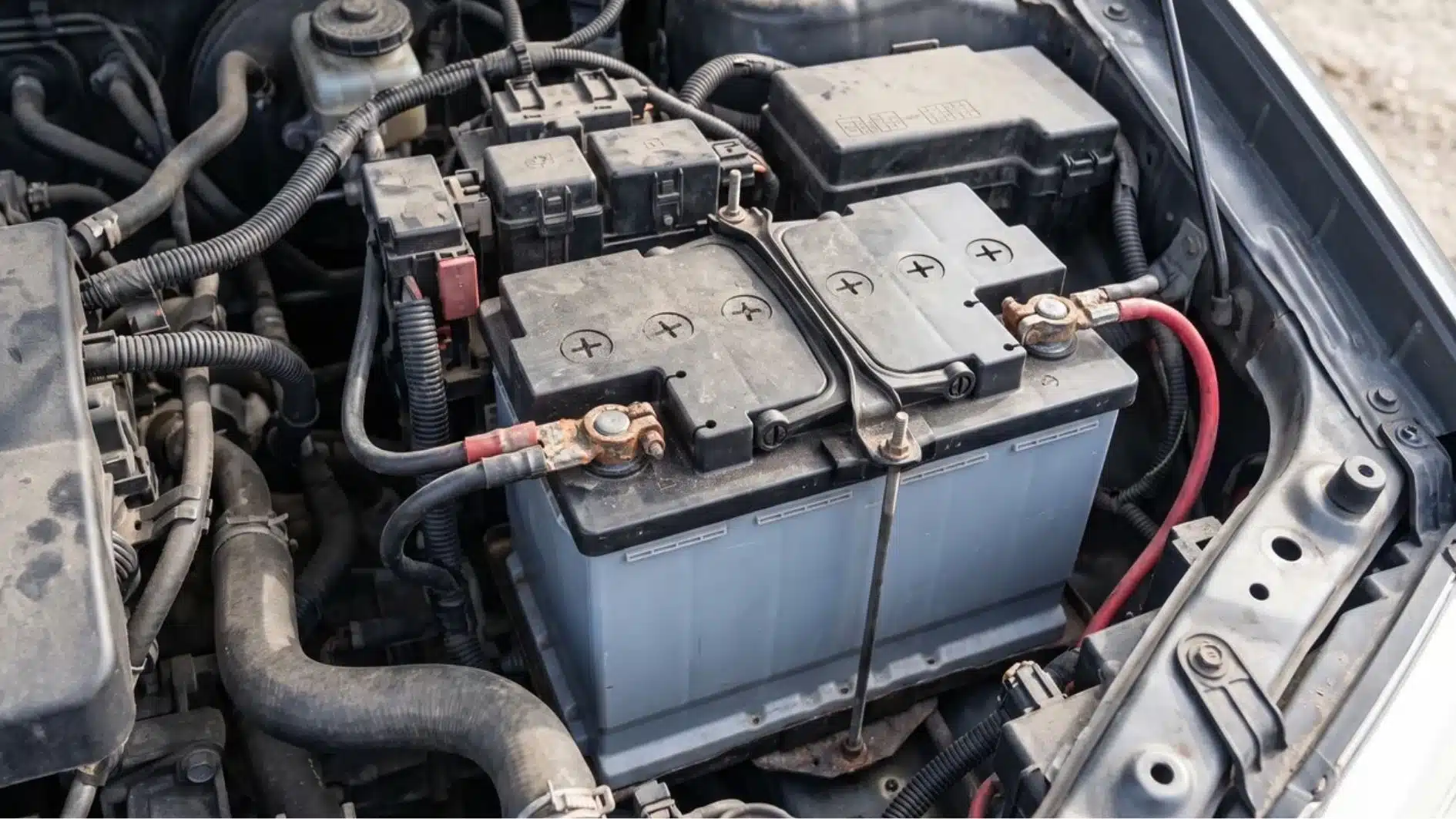 AGM battery installed in a vehicle engine compartment